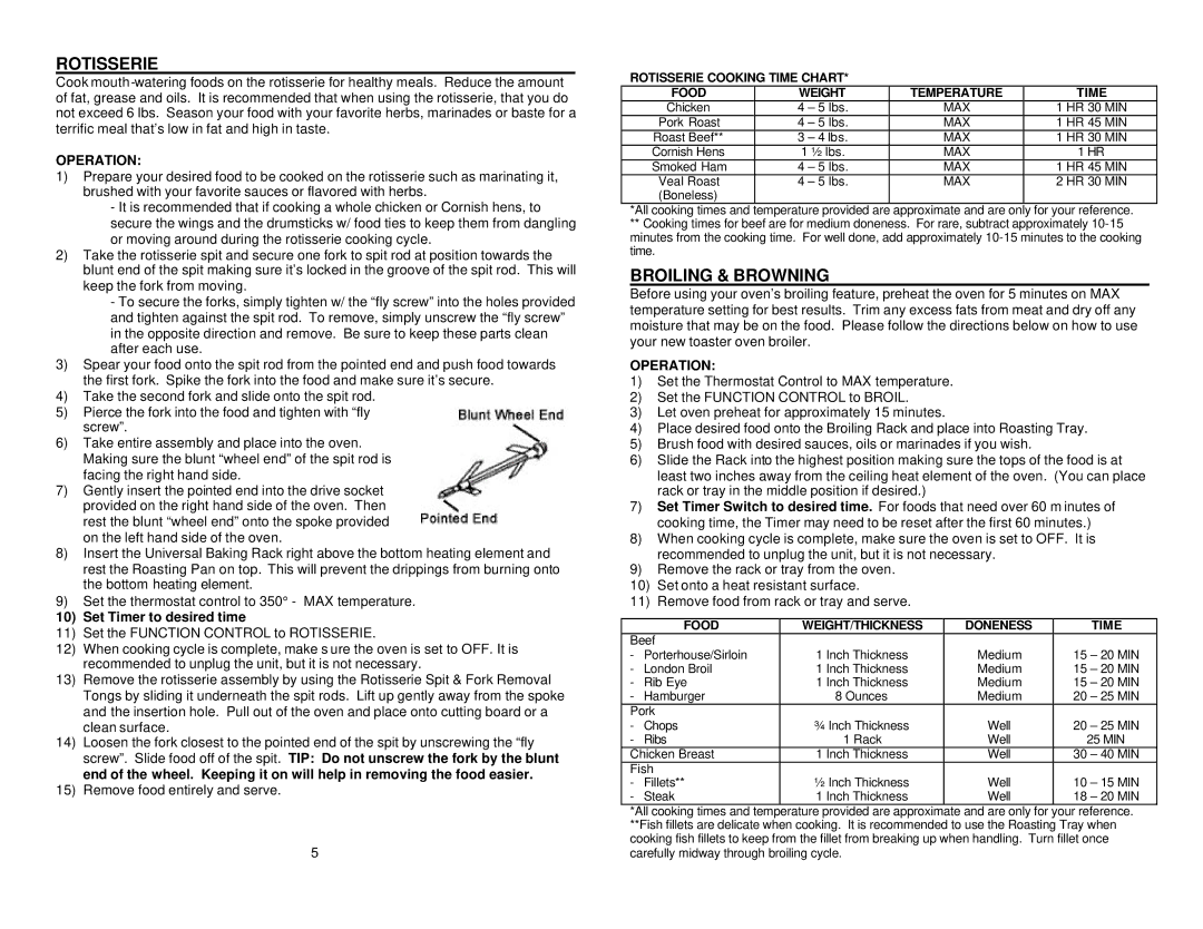 Maximatic RO-2010X warranty Rotisserie, Broiling & Browning, Set Timer to desired time, Food WEIGHT/THICKNESS Doneness Time 