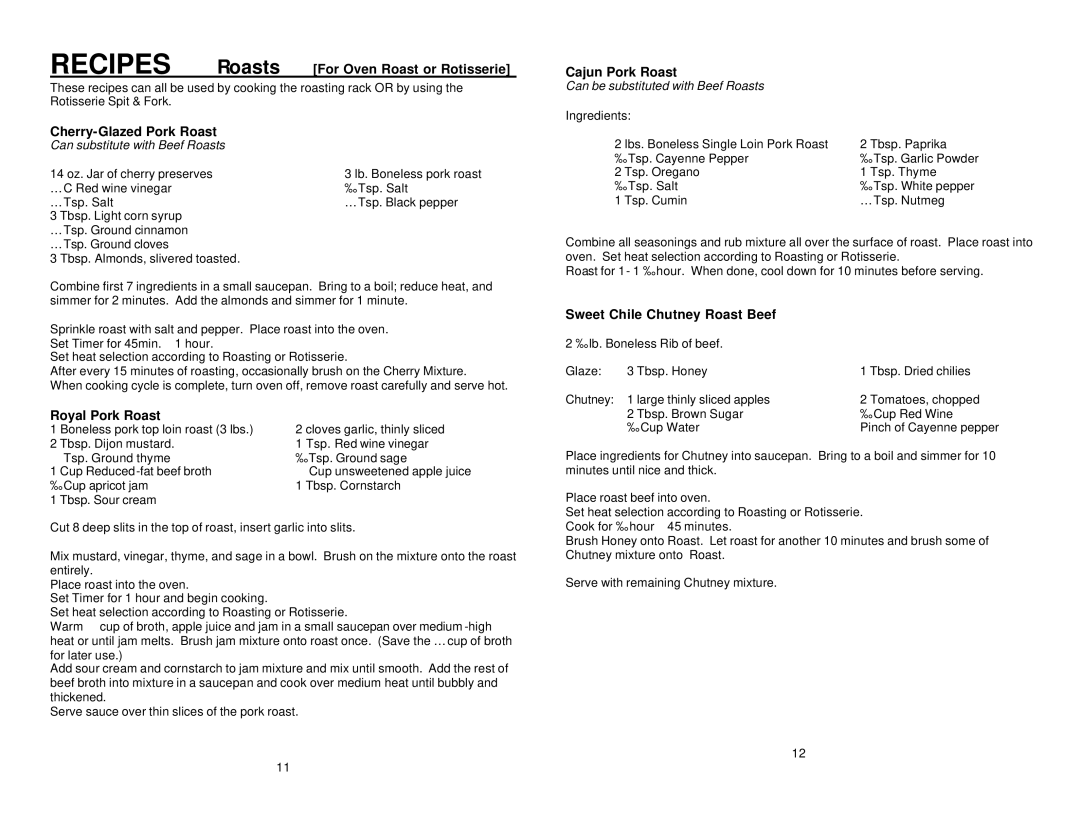 Maximatic RO-2010X warranty Recipes Roasts For Oven Roast or Rotisserie, Cherry-Glazed Pork Roast, Royal Pork Roast 