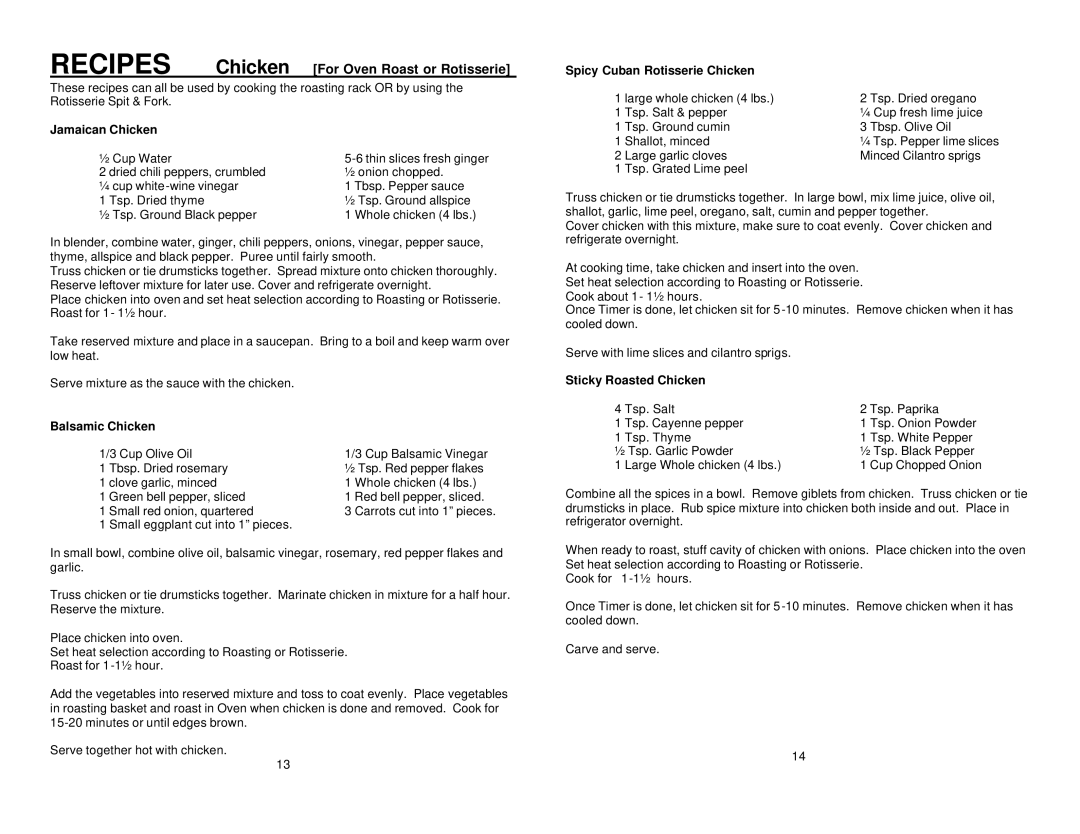 Maximatic RO-2010X warranty Recipes Chicken For Oven Roast or Rotisserie, Jamaican Chicken, Balsamic Chicken 