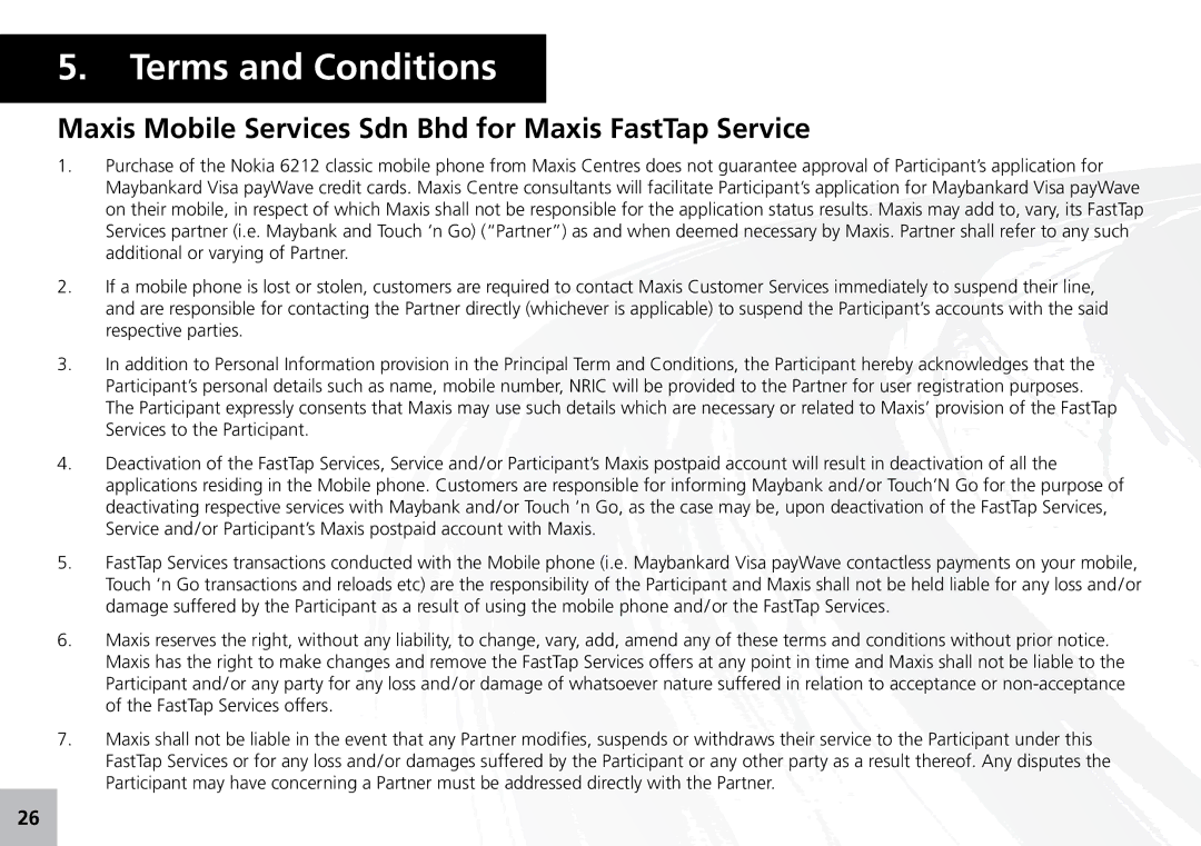 Maxis 73315-V manual Terms and Conditions, Maxis Mobile Services Sdn Bhd for Maxis FastTap Service 