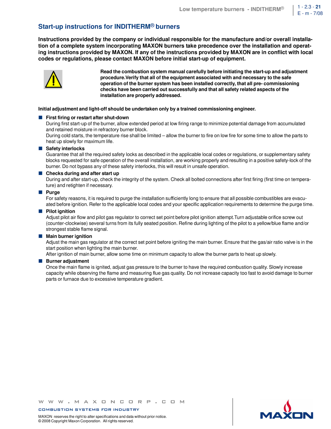 Maxon Telecom 850, 550, 700, 300, 1800, 1500, 1100 specifications Start-up instructions for Inditherm burners, 3 21 E m 7/08 