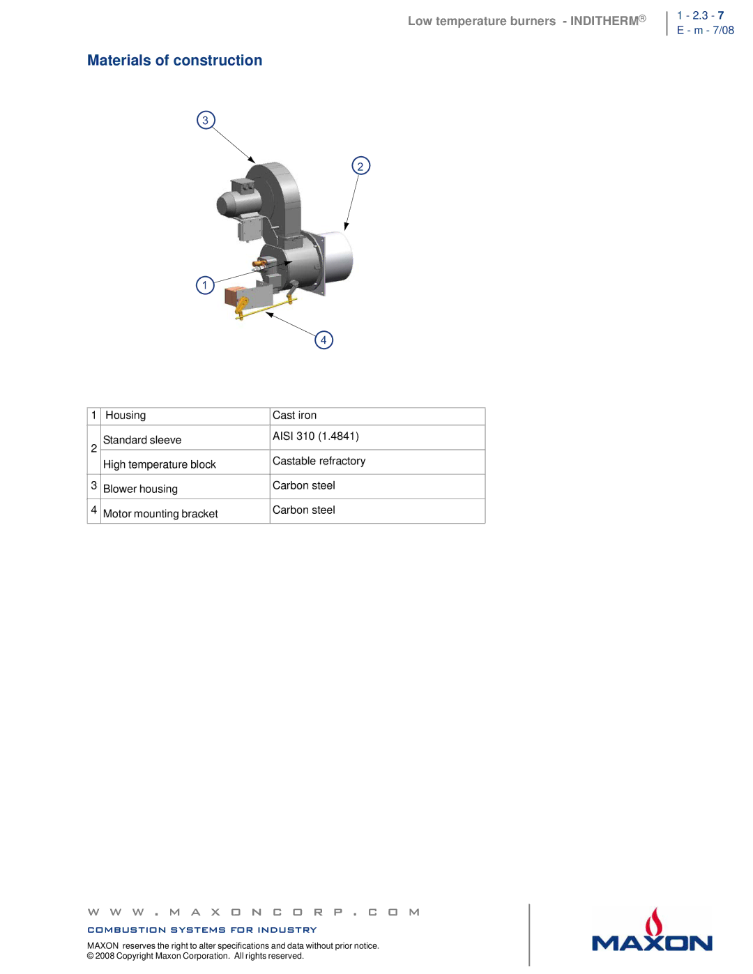 Maxon Telecom 700, 850, 550, 300, 1800, 1500, 1100 specifications Materials of construction, 3 7 E m 7/08 