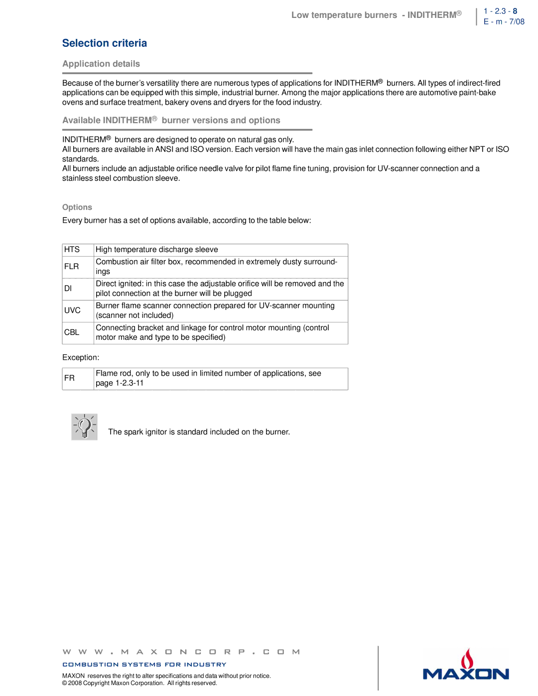 Maxon Telecom 300 Selection criteria, Application details, Available Inditherm burner versions and options, 3 8 E m 7/08 