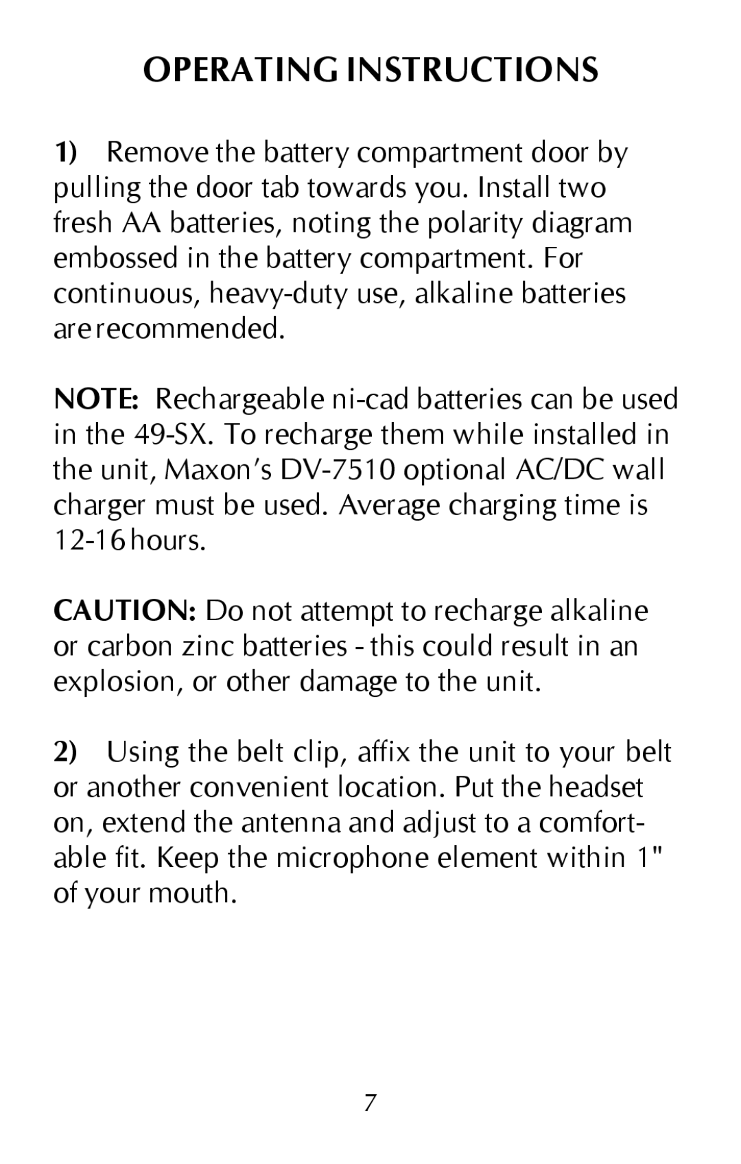 Maxon Telecom 49-sx, hands-free communicator owner manual Operating Instructions 