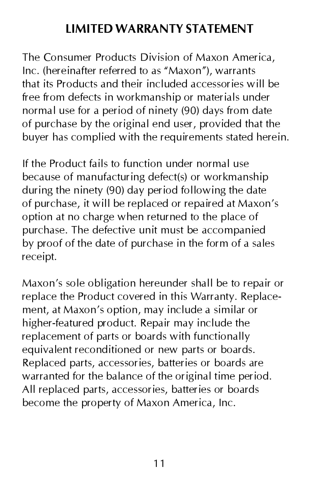 Maxon Telecom 49-sx, hands-free communicator owner manual Limited Warranty Statement 