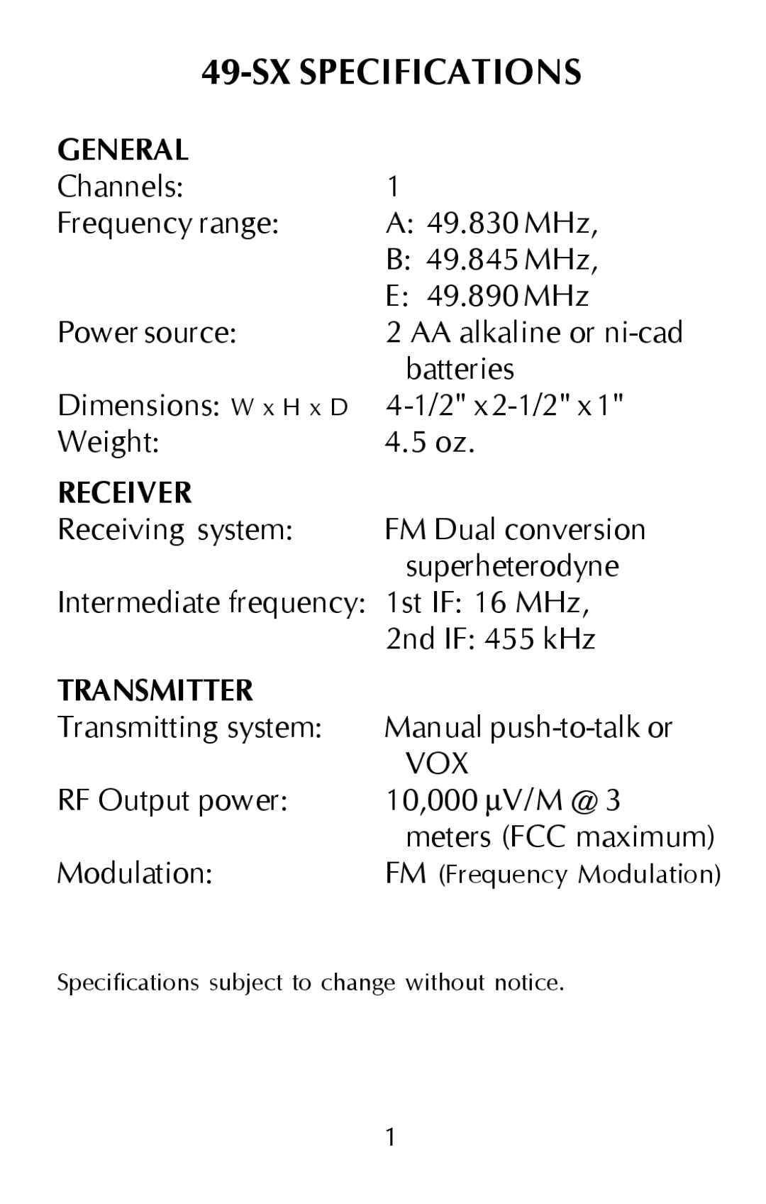 Maxon Telecom 49-sx, hands-free communicator owner manual SX Specifications, General, Receiver, Transmitter 