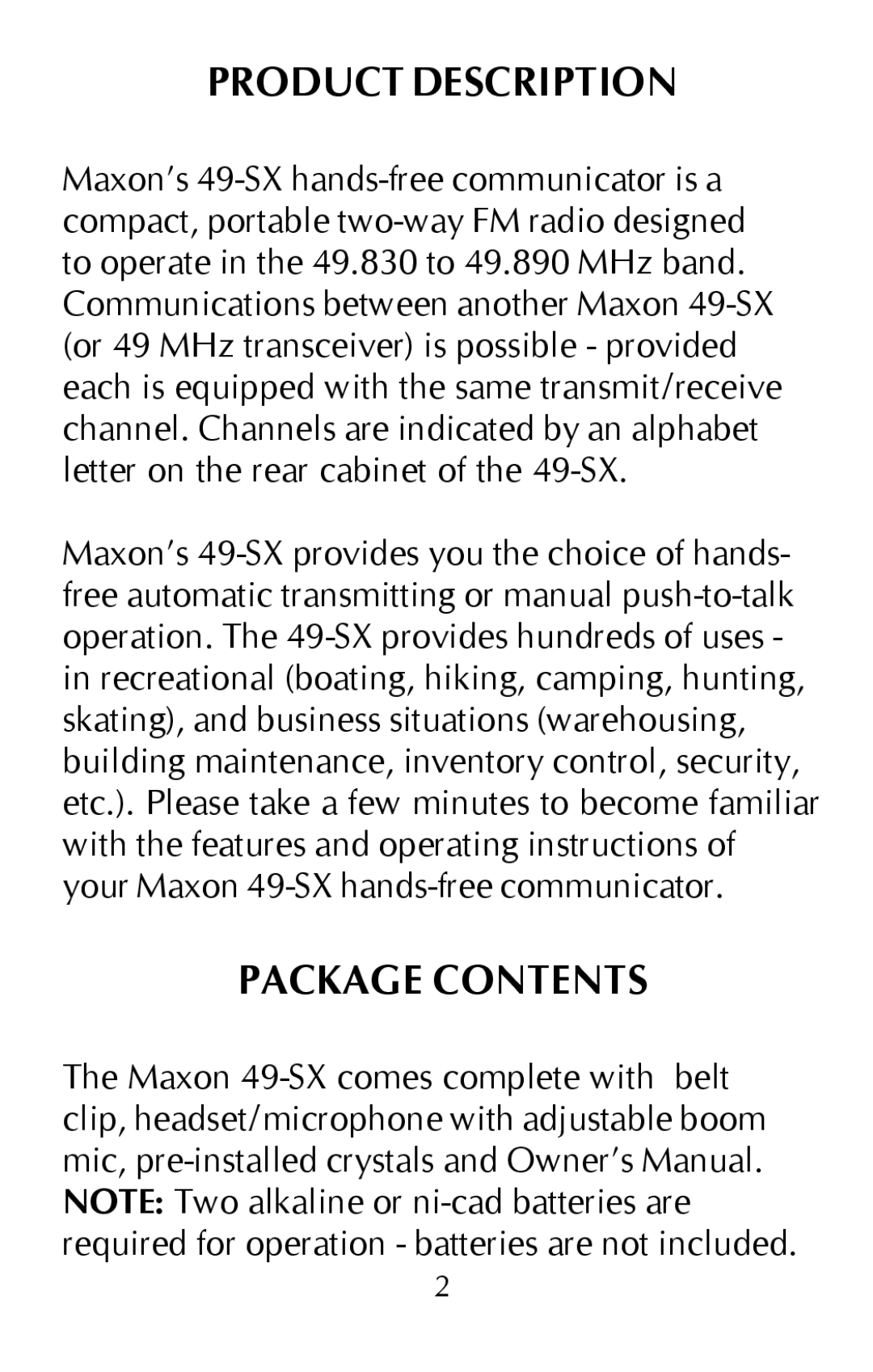 Maxon Telecom hands-free communicator, 49-sx owner manual Product Description, Package Contents 