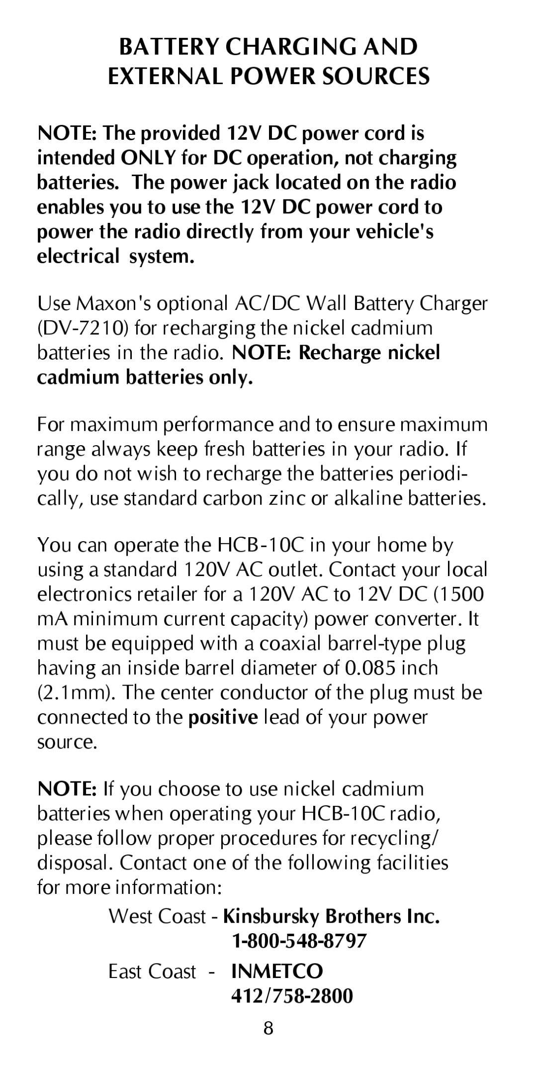 Maxon Telecom HCB-10C owner manual Battery Charging External Power Sources 