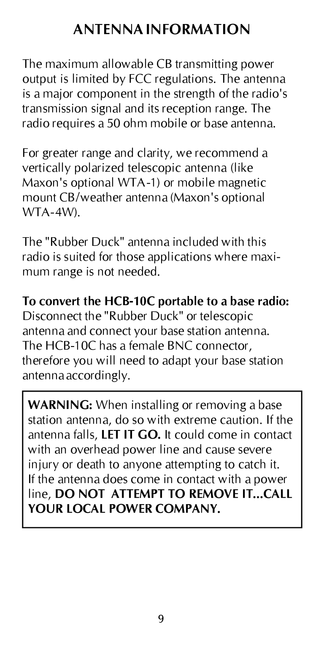 Maxon Telecom HCB-10C owner manual Antenna Information, Your Local Power Company 