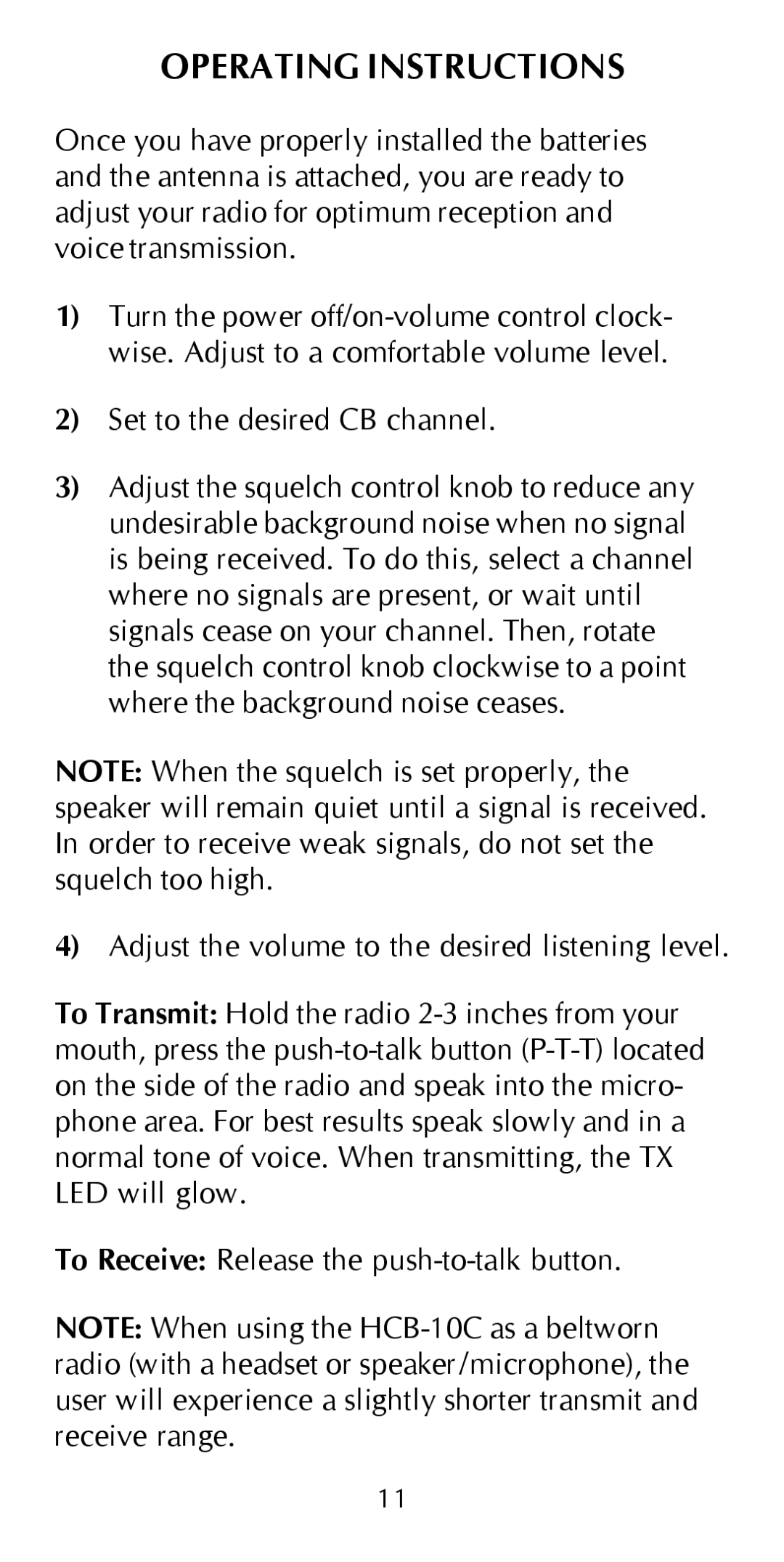 Maxon Telecom HCB-10C owner manual Operating Instructions 