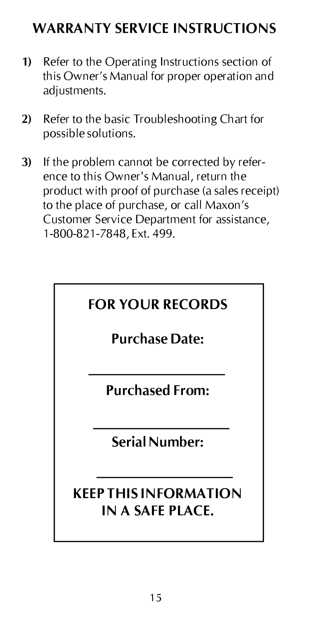 Maxon Telecom HCB-10C owner manual Warranty Service Instructions, For Your Records, Keep this Information A Safe Place 