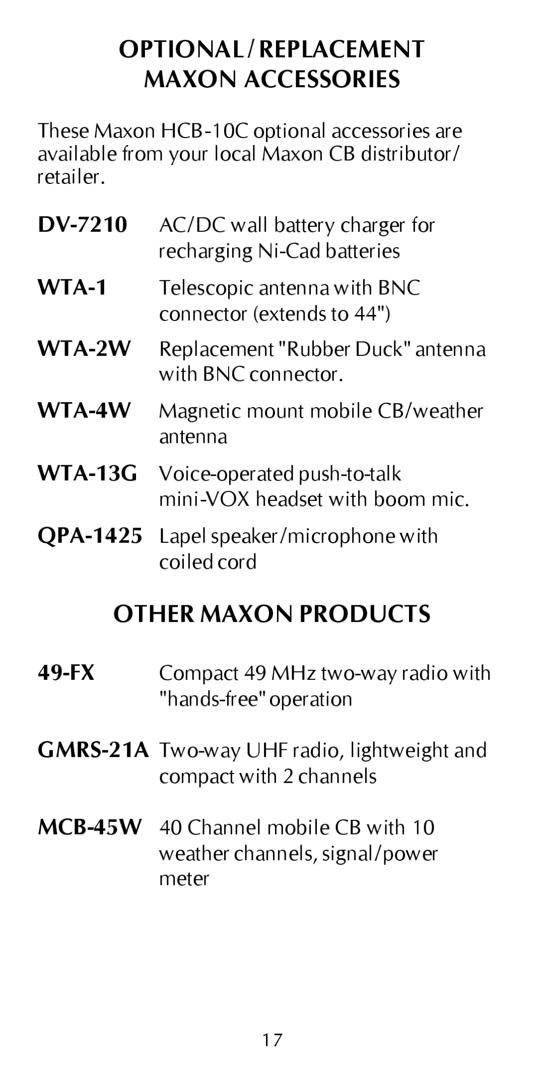 Maxon Telecom HCB-10C owner manual Optional / Replacement Maxon Accessories, Other Maxon Products 