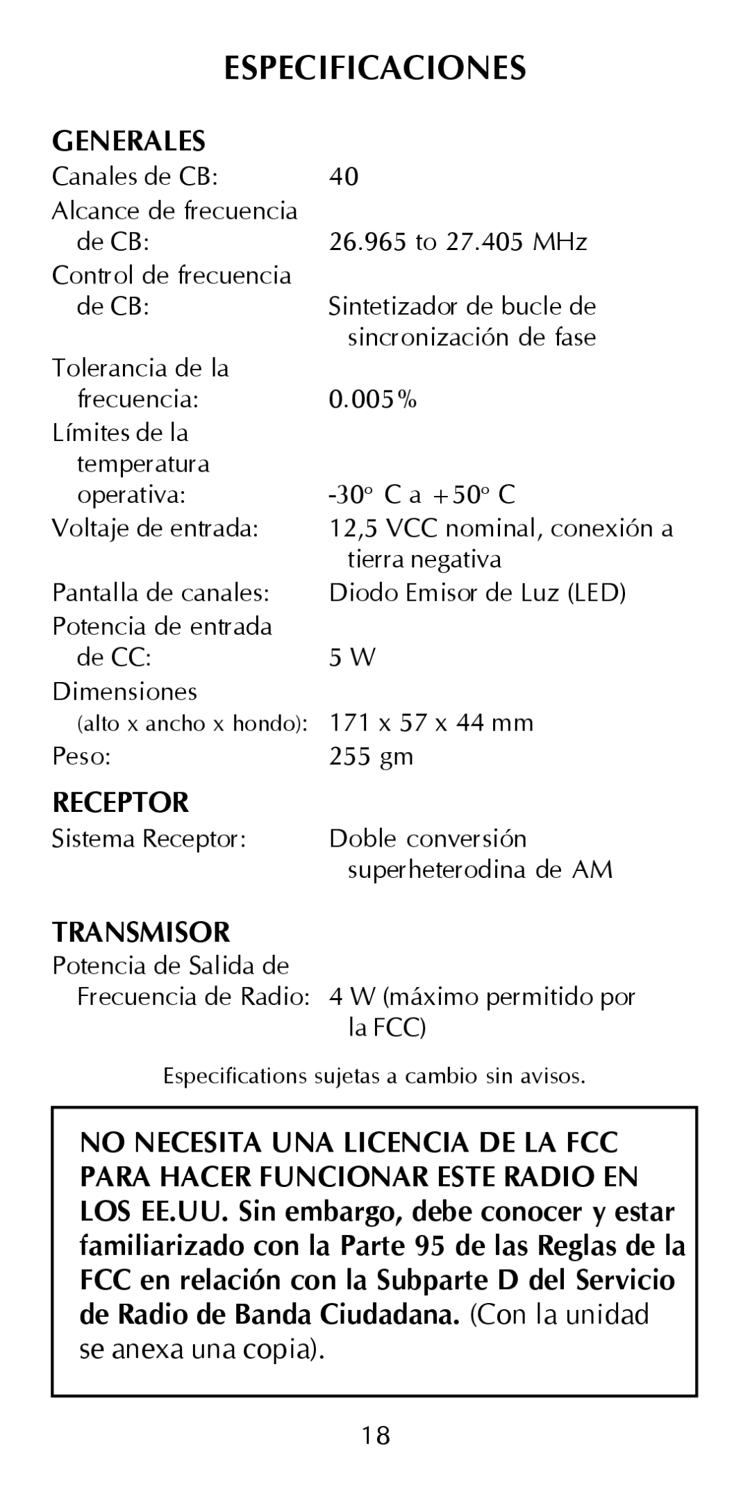 Maxon Telecom HCB-10C owner manual Especificaciones, Generales 