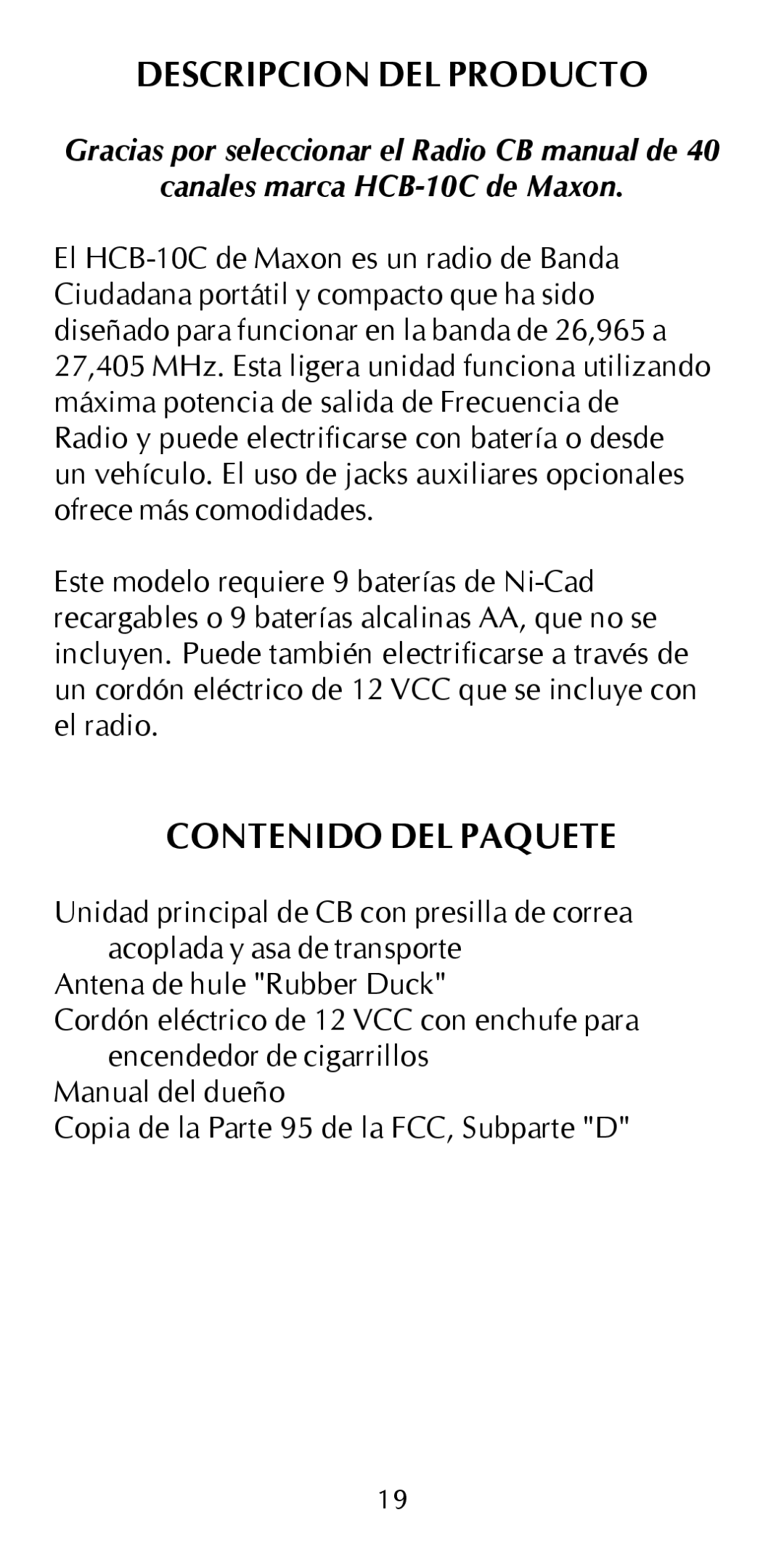 Maxon Telecom HCB-10C owner manual Descripcion DEL Producto, Contenido DEL Paquete 