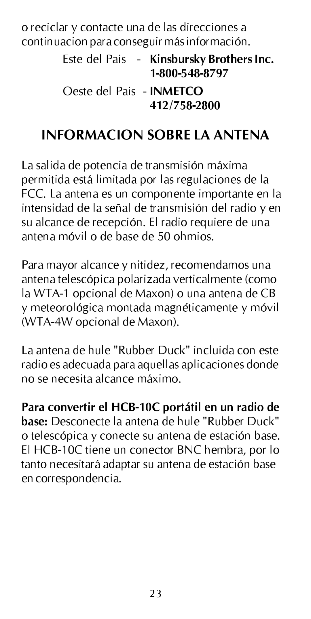 Maxon Telecom HCB-10C owner manual Informacion Sobre LA Antena 