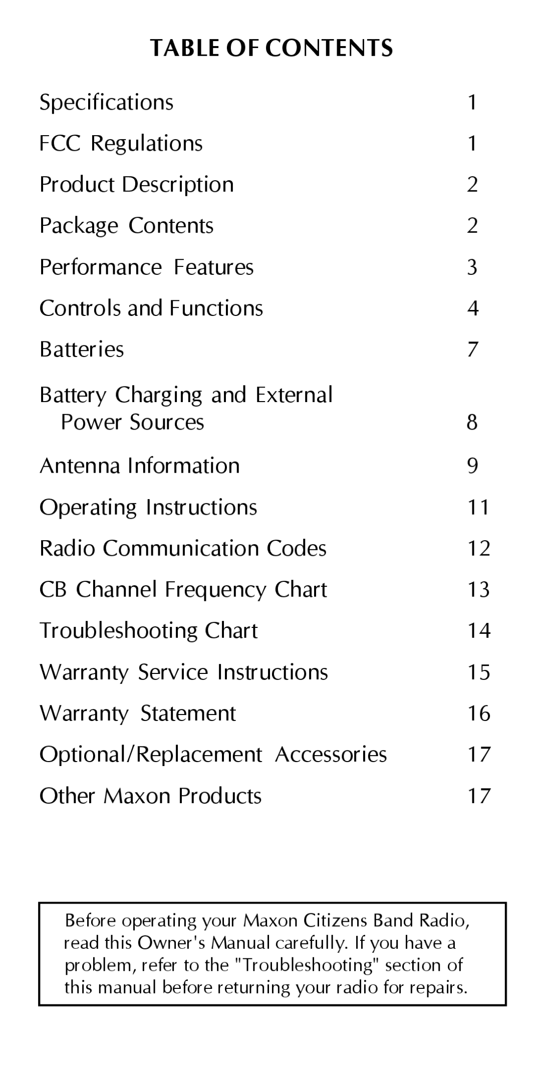 Maxon Telecom HCB-10C owner manual Table of Contents 