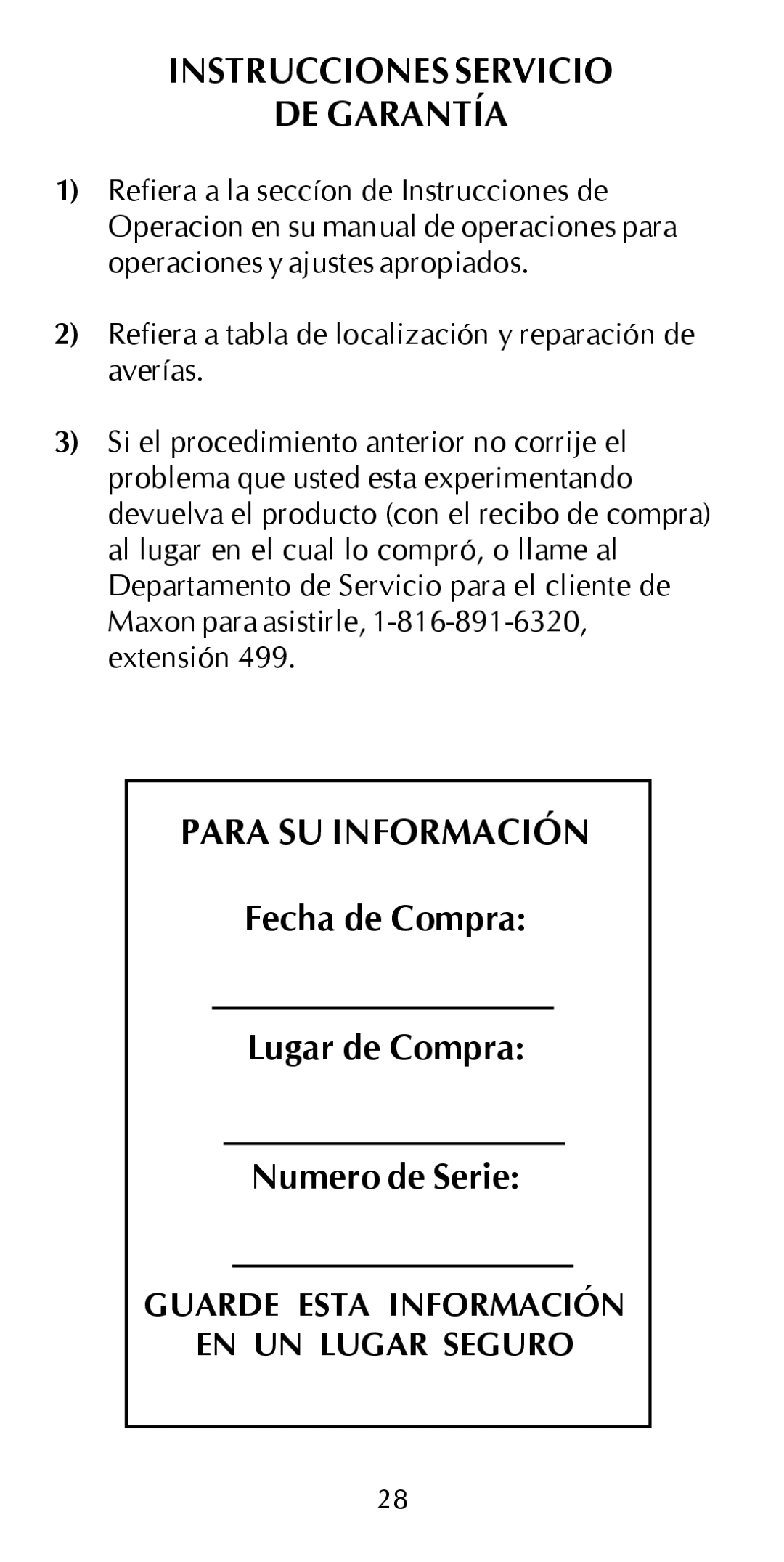 Maxon Telecom HCB-10C owner manual Instrucciones Servicio DE Garantía, Para SU Información 