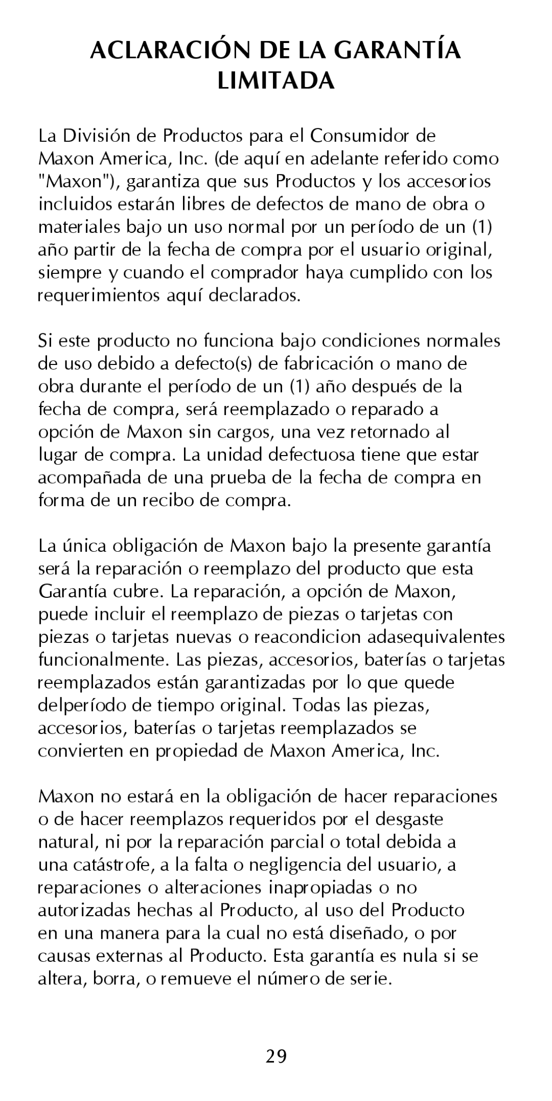 Maxon Telecom HCB-10C owner manual Aclaración DE LA Garantía Limitada 