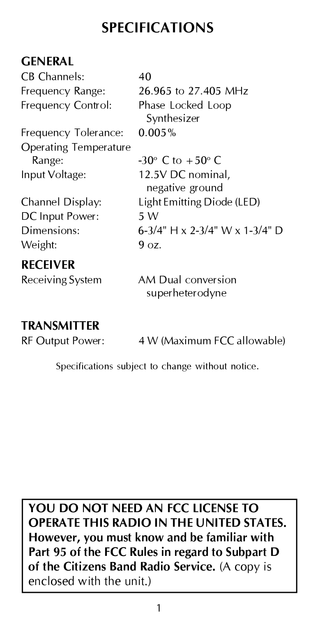 Maxon Telecom HCB-10C owner manual Specifications, General 