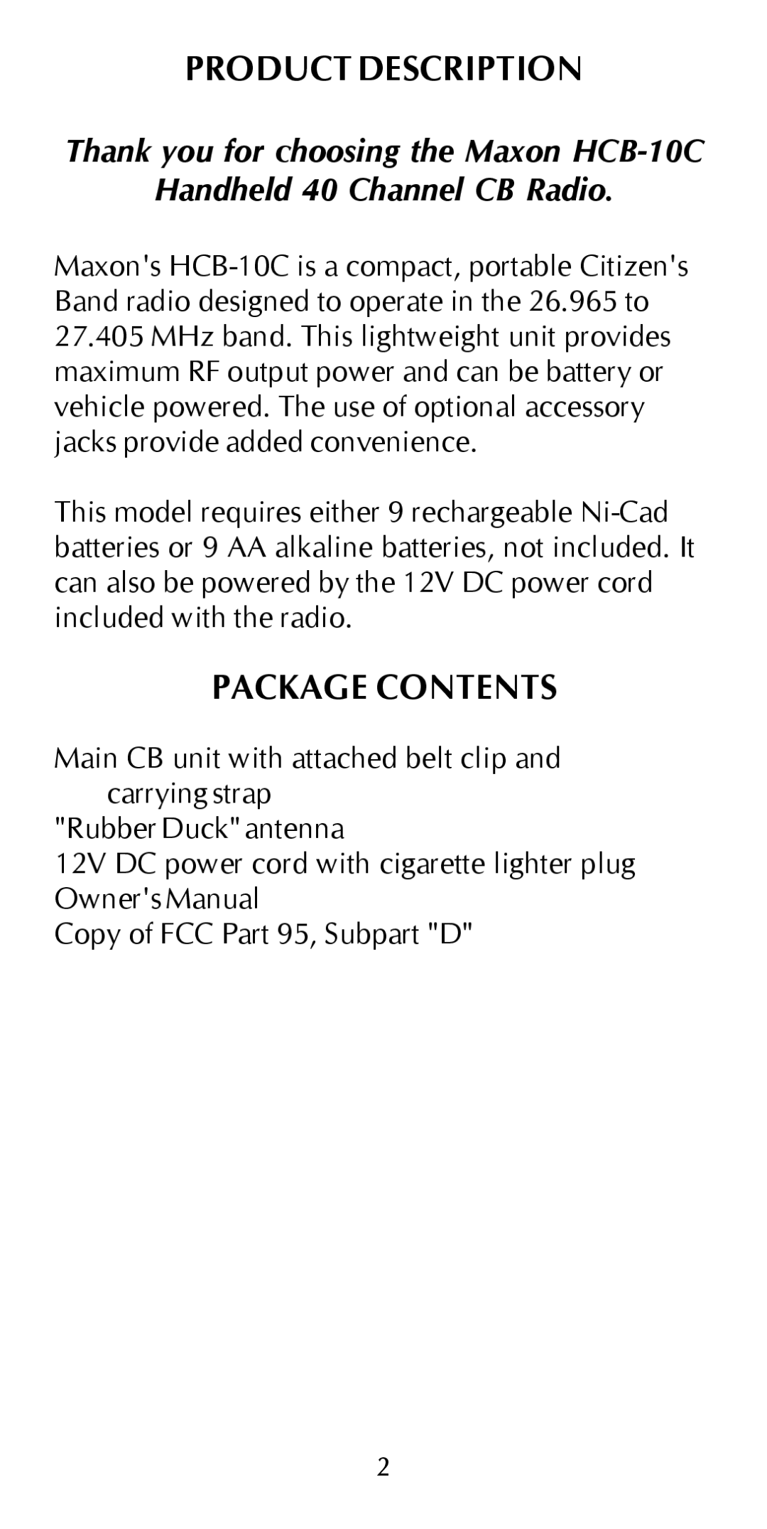 Maxon Telecom HCB-10C owner manual Product Description, Package Contents 