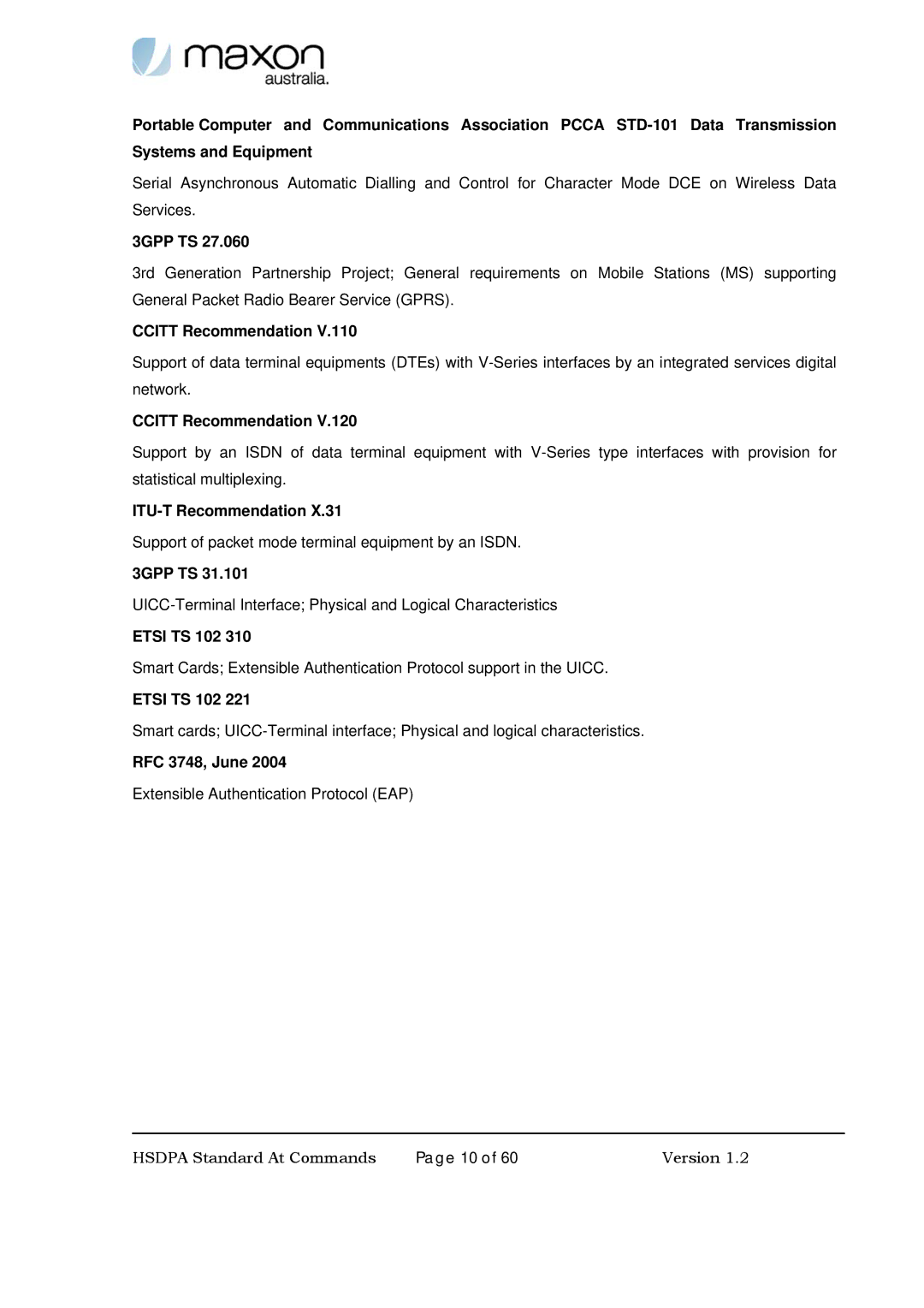 Maxon Telecom MM-6280IND manual Ccitt Recommendation, ITU-T Recommendation, Etsi TS 102, RFC 3748, June 