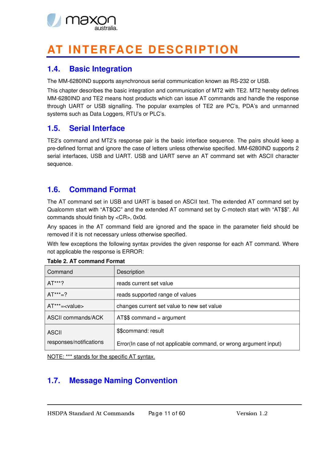 Maxon Telecom MM-6280IND Basic Integration, Serial Interface, Command Format, Message Naming Convention, AT command Format 