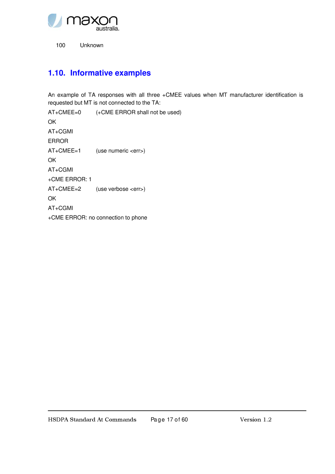 Maxon Telecom MM-6280IND Informative examples, AT+CMEE=0, AT+CGMI Error AT+CMEE=1, AT+CGMI +CME Error AT+CMEE=2, At+Cgmi 