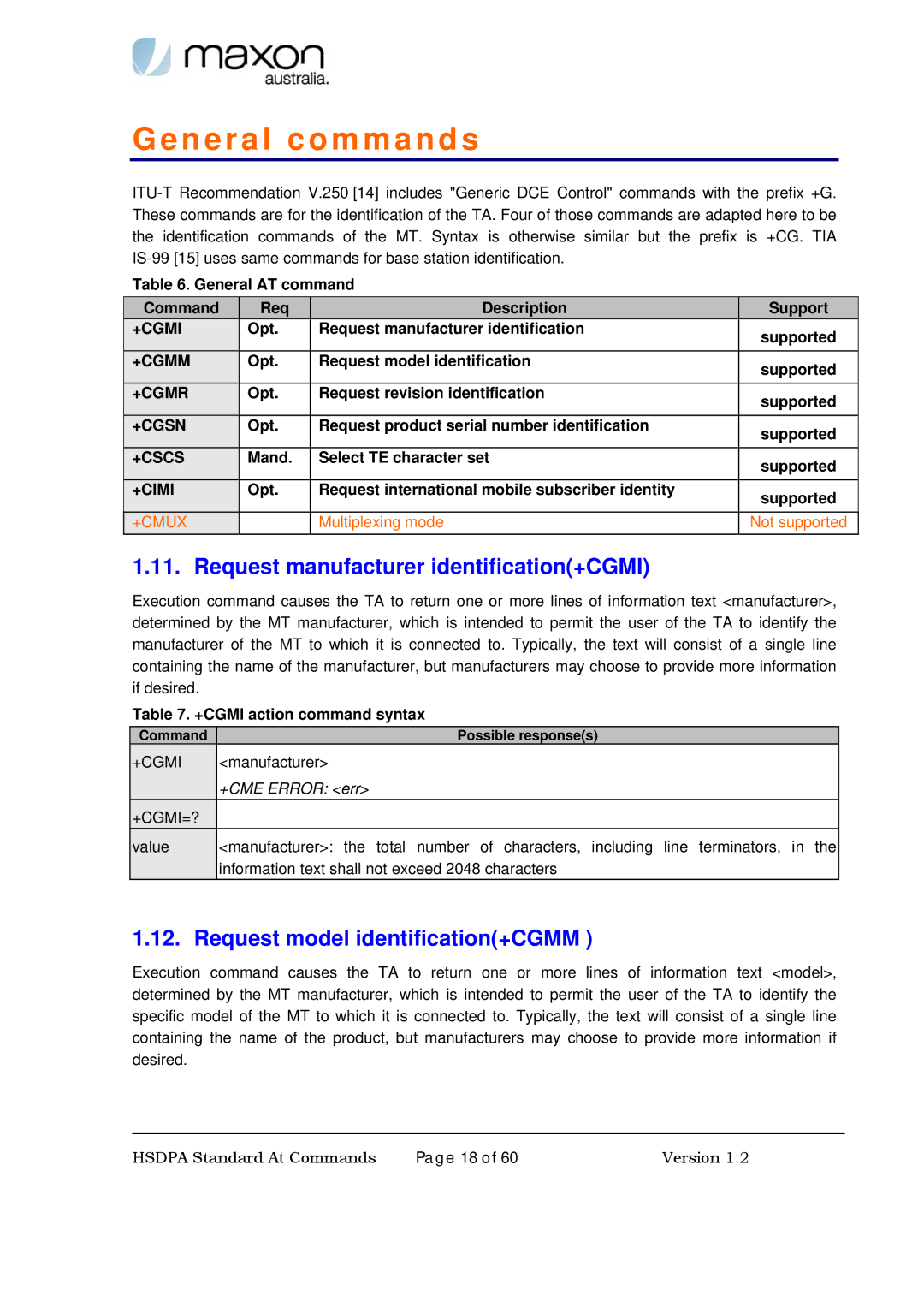 Maxon Telecom MM-6280IND General commands, Request manufacturer identification+CGMI, Request model identification+CGMM 