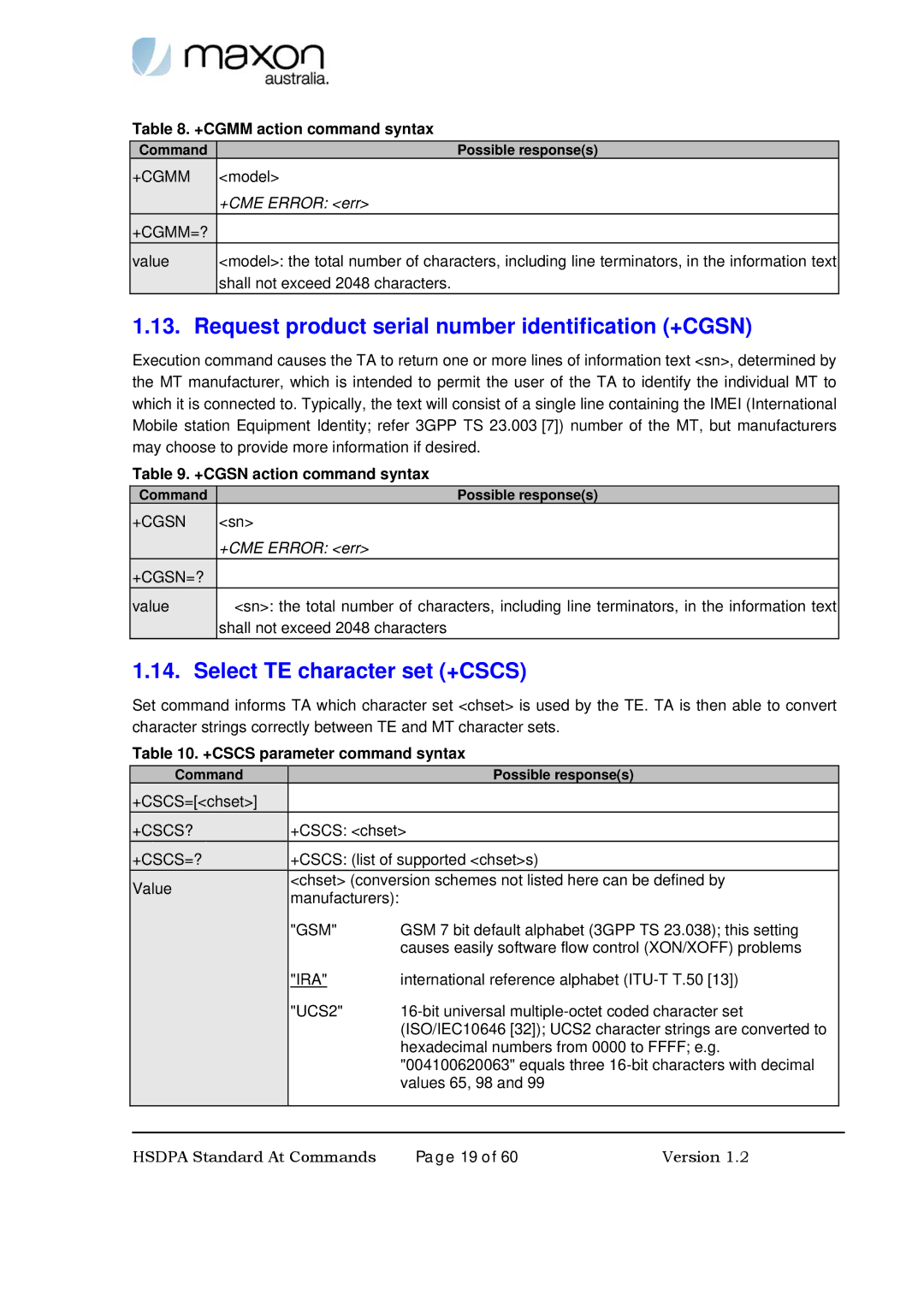 Maxon Telecom MM-6280IND manual Request product serial number identification +CGSN, Select TE character set +CSCS 
