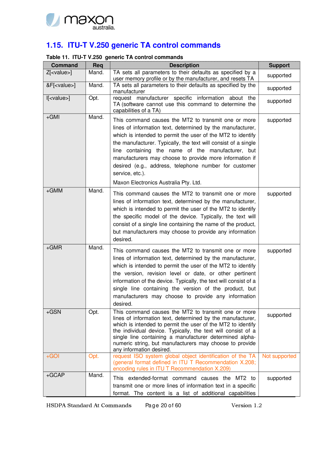 Maxon Telecom MM-6280IND manual ITU-T V.250 generic TA control commands 