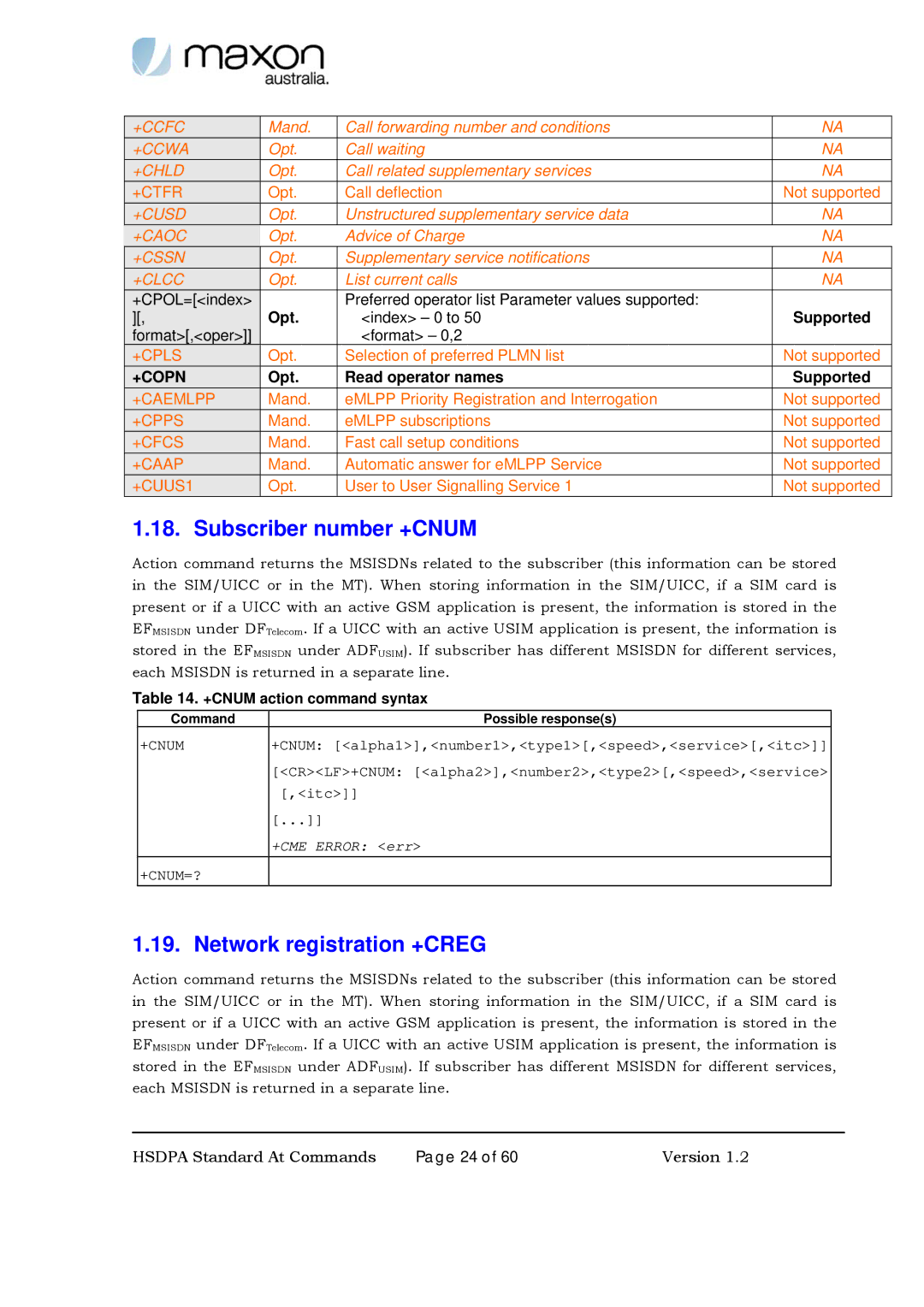 Maxon Telecom MM-6280IND Subscriber number +CNUM, Network registration +CREG, +CNUM action command syntax, +Cnum=? 