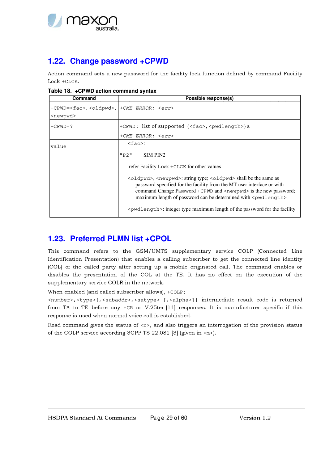 Maxon Telecom MM-6280IND manual Change password +CPWD, Preferred Plmn list +CPOL, +CPWD action command syntax 