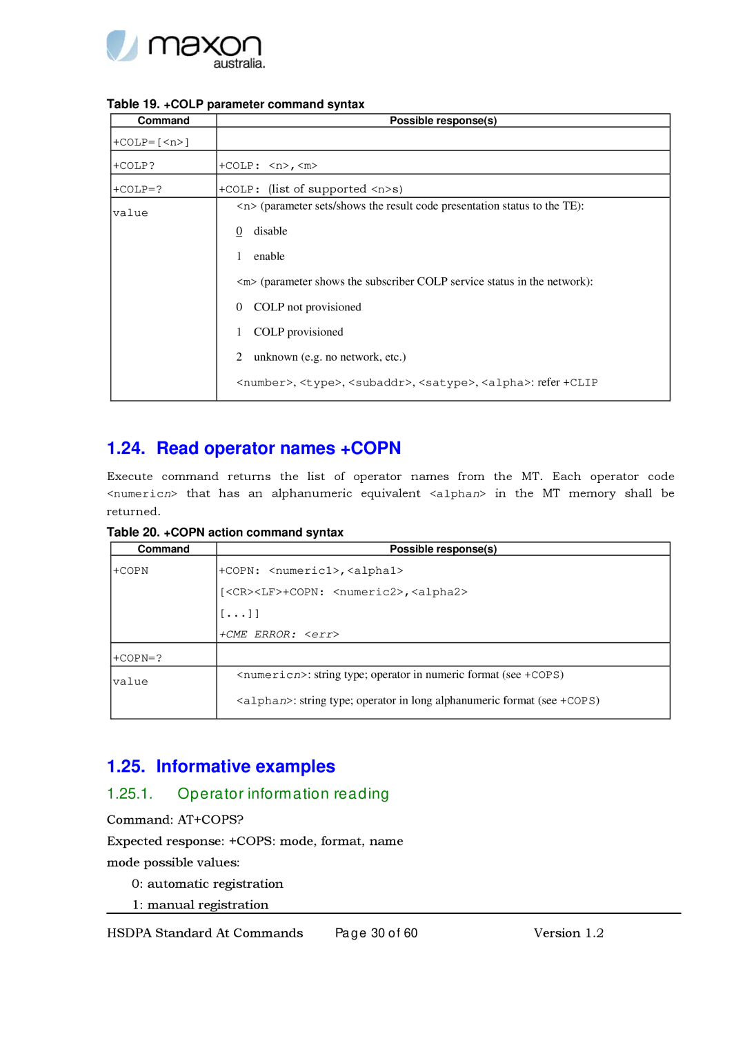 Maxon Telecom MM-6280IND manual Read operator names +COPN, Operator information reading, +COLP parameter command syntax 