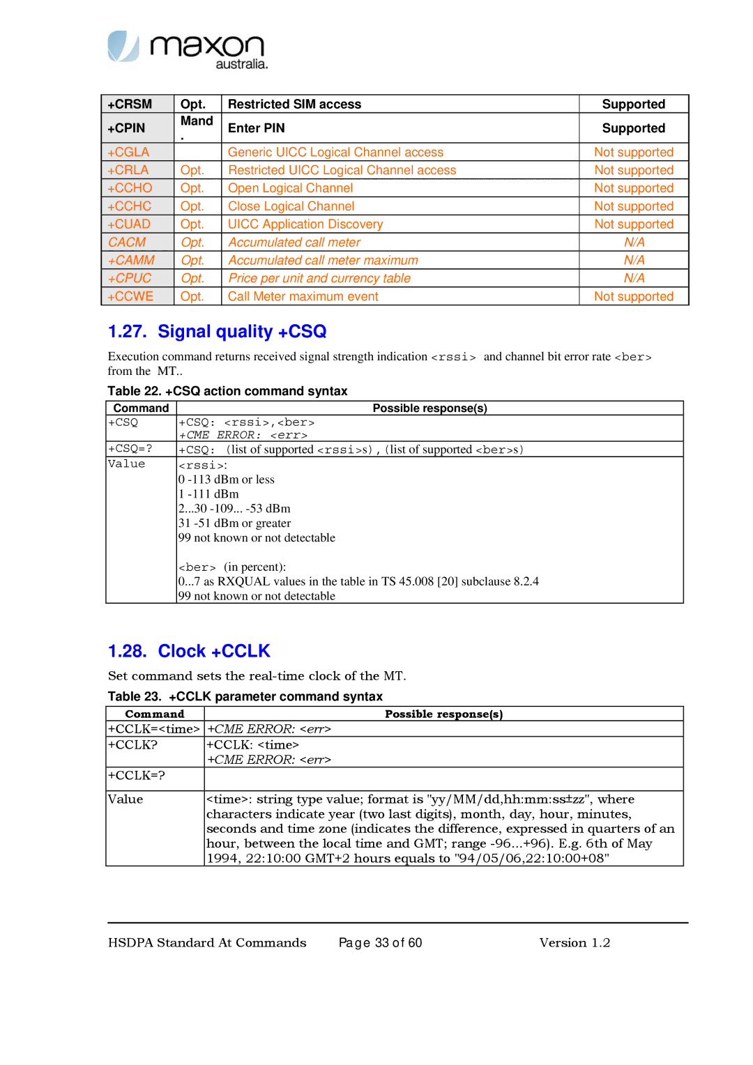 Maxon Telecom MM-6280IND manual Signal quality +CSQ, Clock +CCLK, +CSQ action command syntax, +Csq 