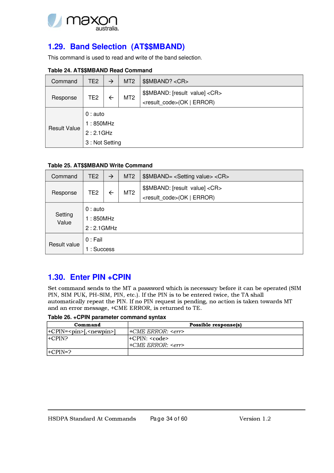 Maxon Telecom MM-6280IND manual Band Selection AT$$MBAND, Enter PIN +CPIN, AT$$MBAND Read Command, AT$$MBAND Write Command 