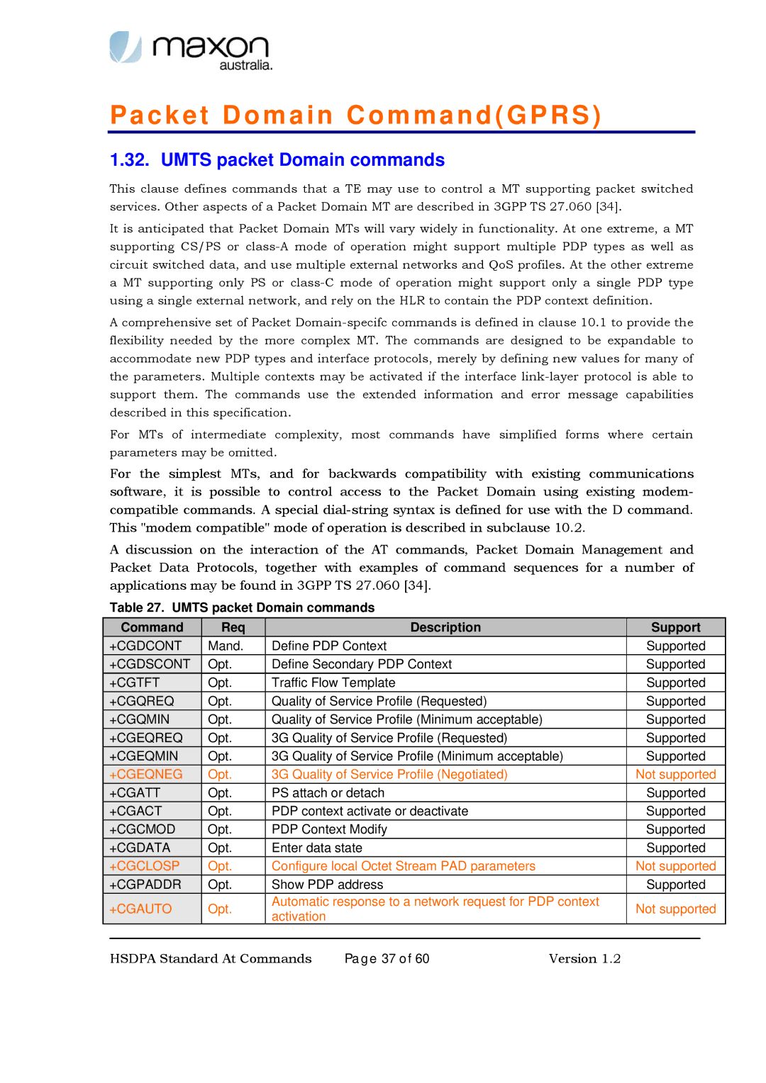 Maxon Telecom MM-6280IND manual Packet Domain CommandGPRS, Umts packet Domain commands 
