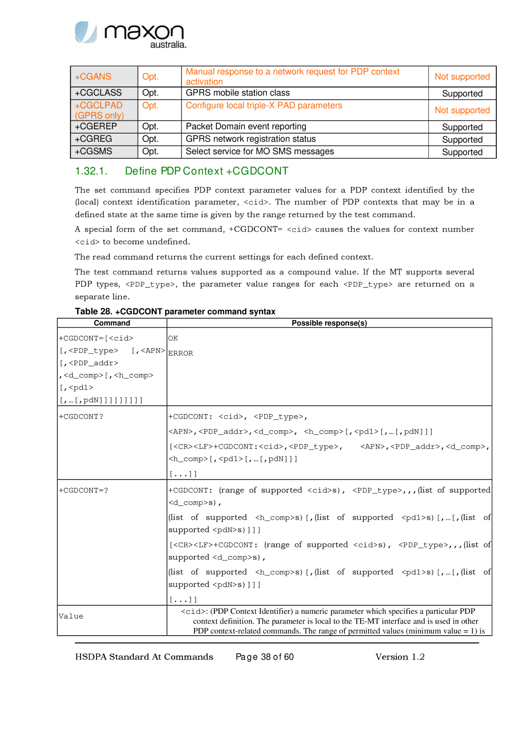 Maxon Telecom MM-6280IND manual Define PDP Context +CGDCONT, +CGDCONT parameter command syntax, +Cgdcont?, +Cgdcont=? 