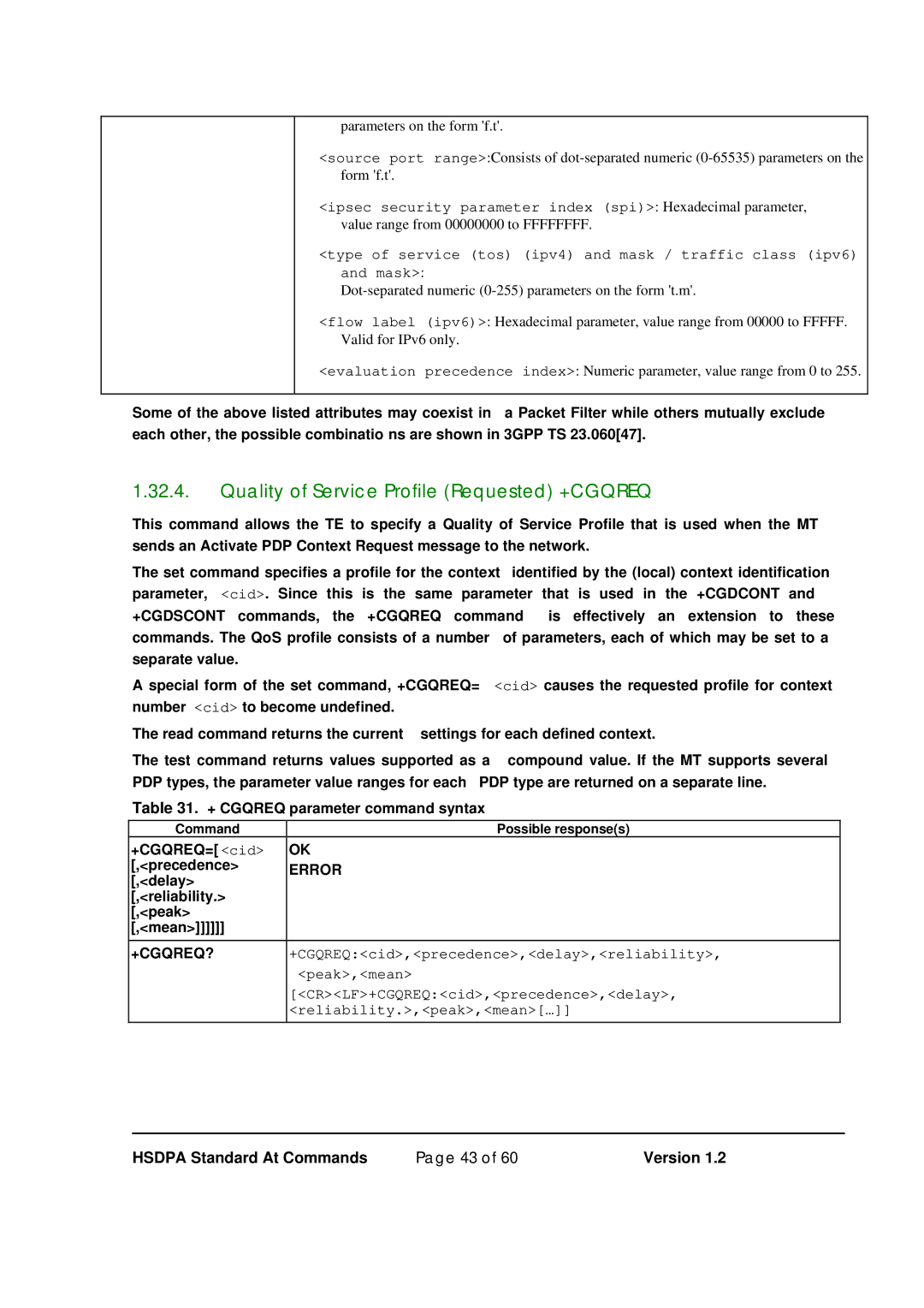 Maxon Telecom MM-6280IND manual Quality of Service Profile Requested +CGQREQ, + Cgqreq parameter command syntax 