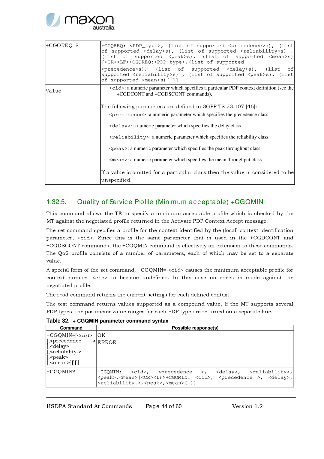 Maxon Telecom MM-6280IND manual Quality of Service Profile Minimum acceptable +CGQMIN, + Cgqmin parameter command syntax 