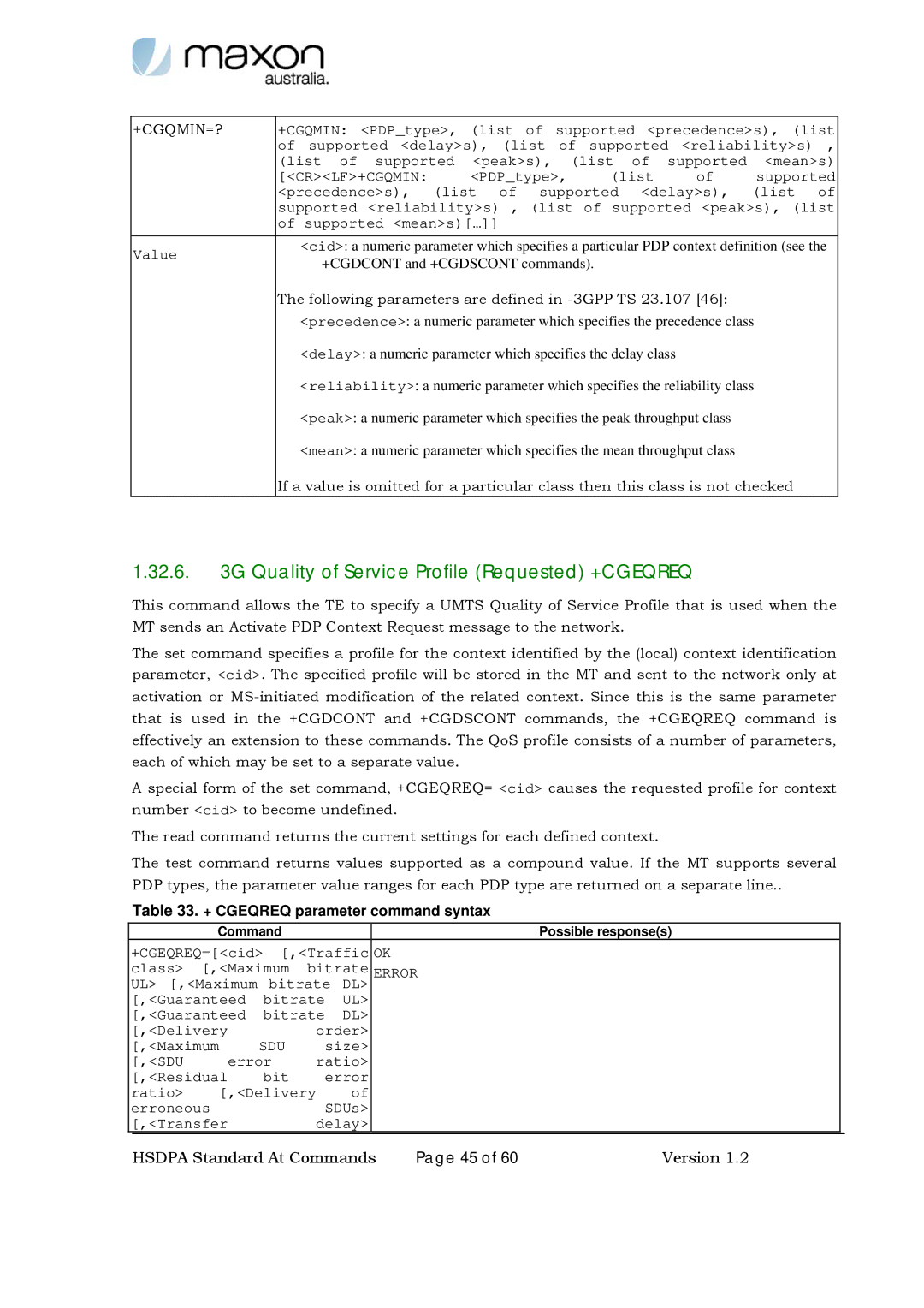 Maxon Telecom MM-6280IND Quality of Service Profile Requested +CGEQREQ, Crlf+Cgqmin, + Cgeqreq parameter command syntax 