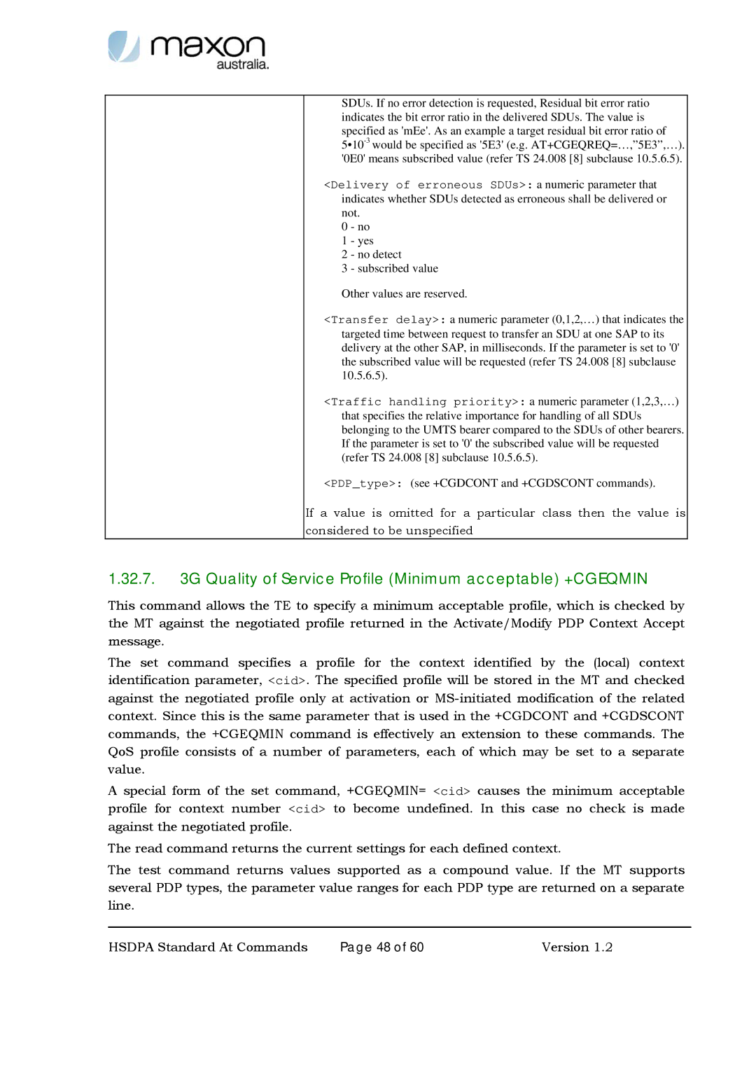 Maxon Telecom MM-6280IND manual Quality of Service Profile Minimum acceptable +CGEQMIN 