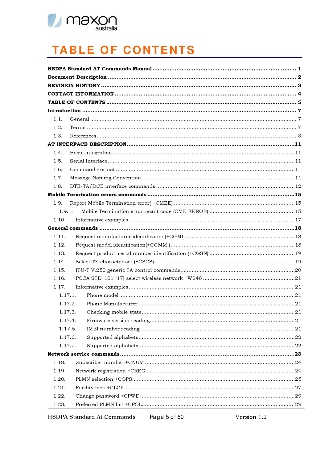 Maxon Telecom MM-6280IND manual Table of Contents 