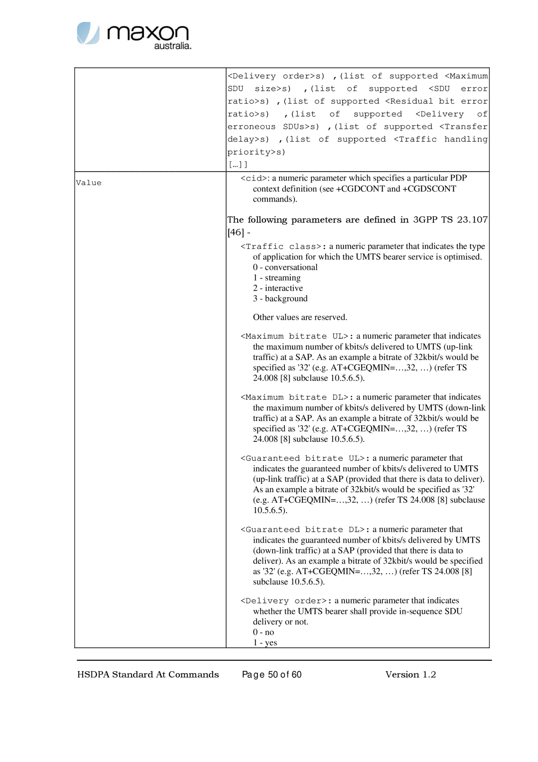 Maxon Telecom MM-6280IND manual Following parameters are defined in 3GPP TS 23.107 