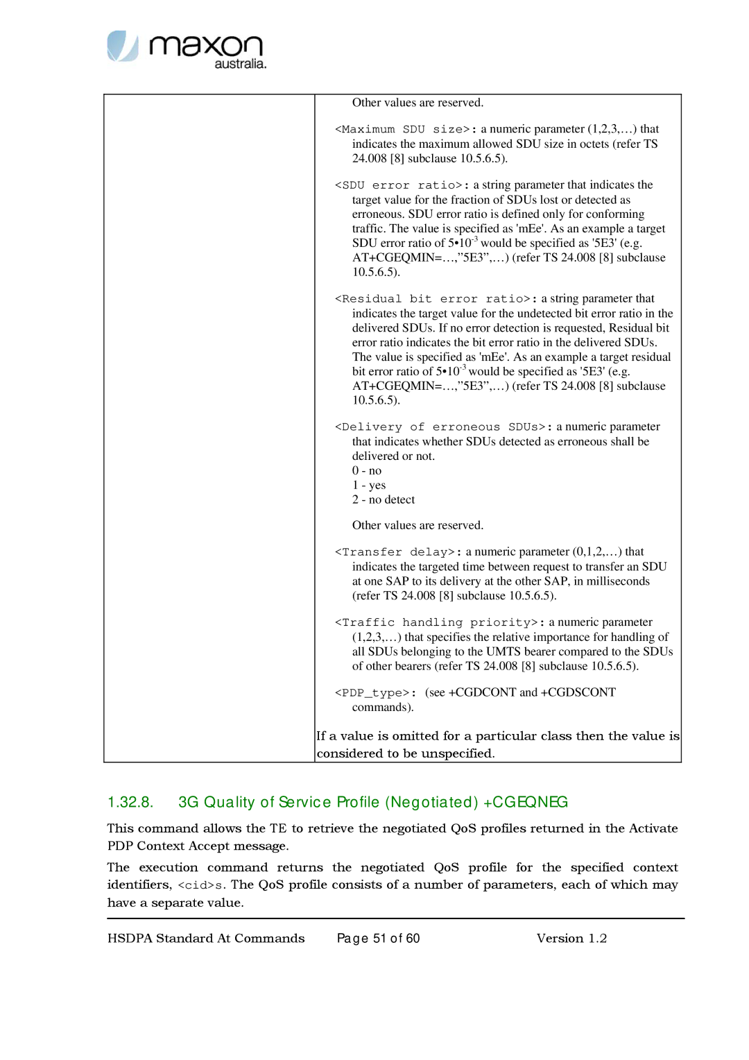 Maxon Telecom MM-6280IND manual Quality of Service Profile Negotiated +CGEQNEG 