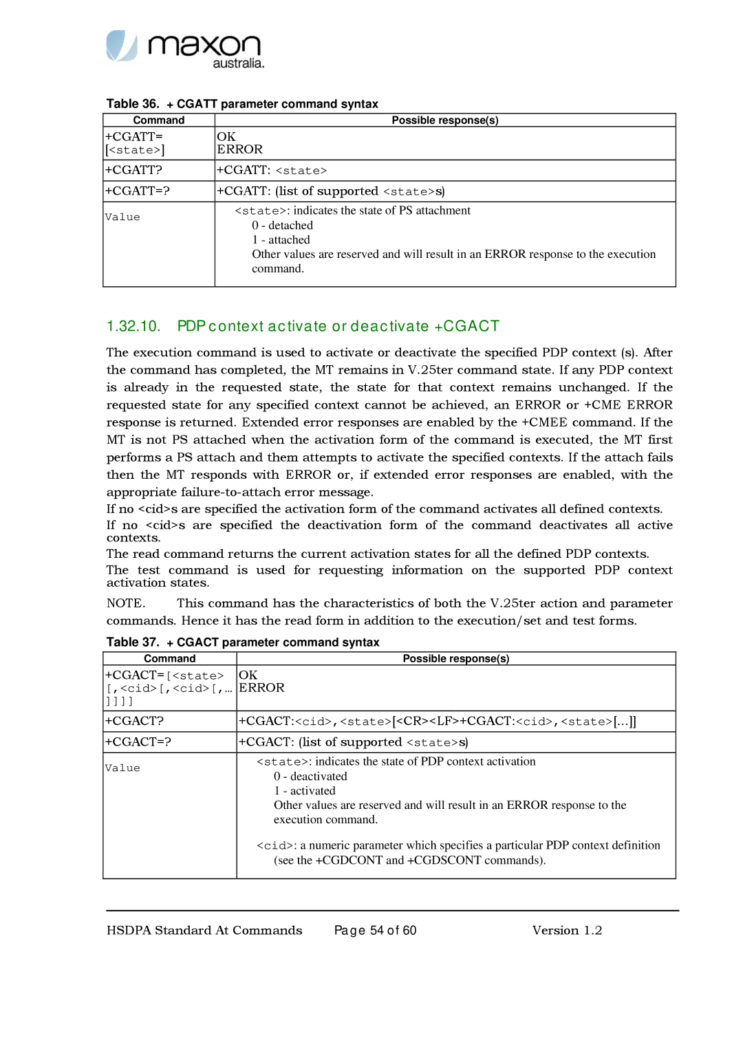 Maxon Telecom MM-6280IND manual PDP context activate or deactivate +CGACT, + Cgatt parameter command syntax 