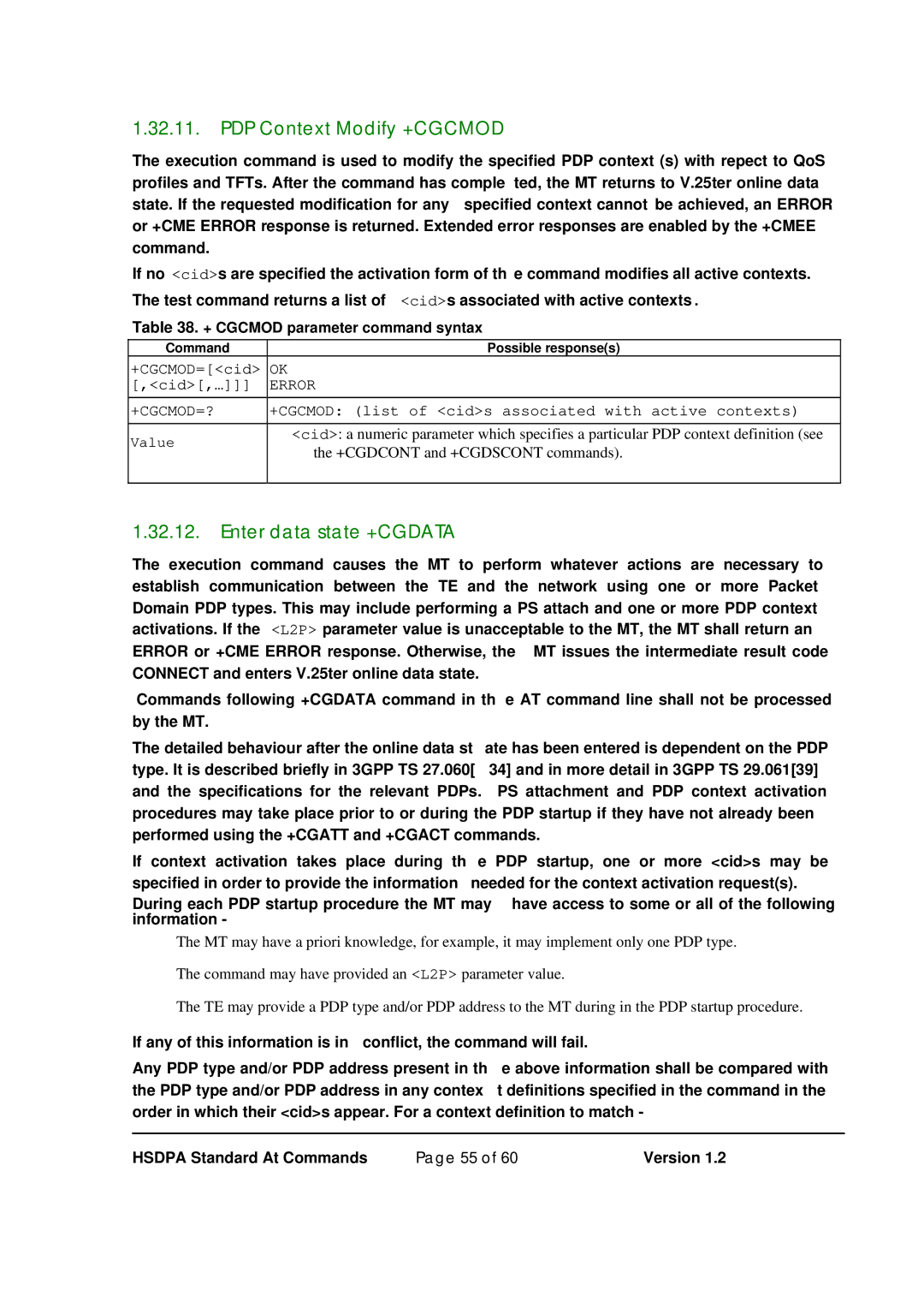 Maxon Telecom MM-6280IND manual PDP Context Modify +CGCMOD, Enter data state +CGDATA, + Cgcmod parameter command syntax 