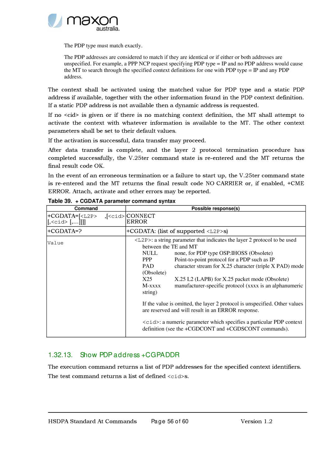 Maxon Telecom MM-6280IND manual Show PDP address +CGPADDR, + Cgdata parameter command syntax 