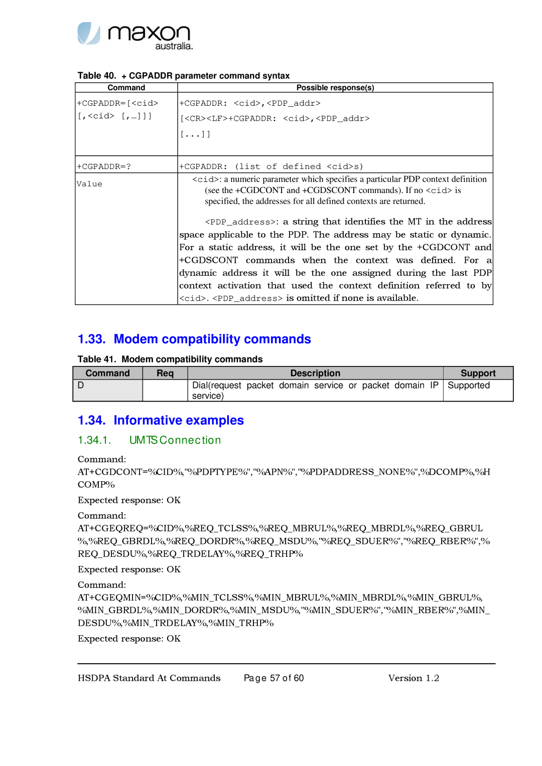 Maxon Telecom MM-6280IND Modem compatibility commands, Umts Connection, + Cgpaddr parameter command syntax, +Cgpaddr=? 