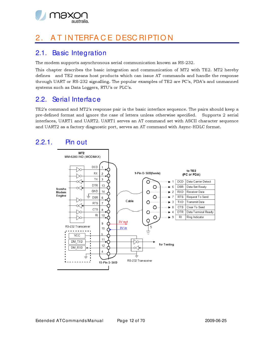 Maxon Telecom MM-6280IND manual AT Inte Rface Description, Basic Integration, Serial Interface, Pin out 