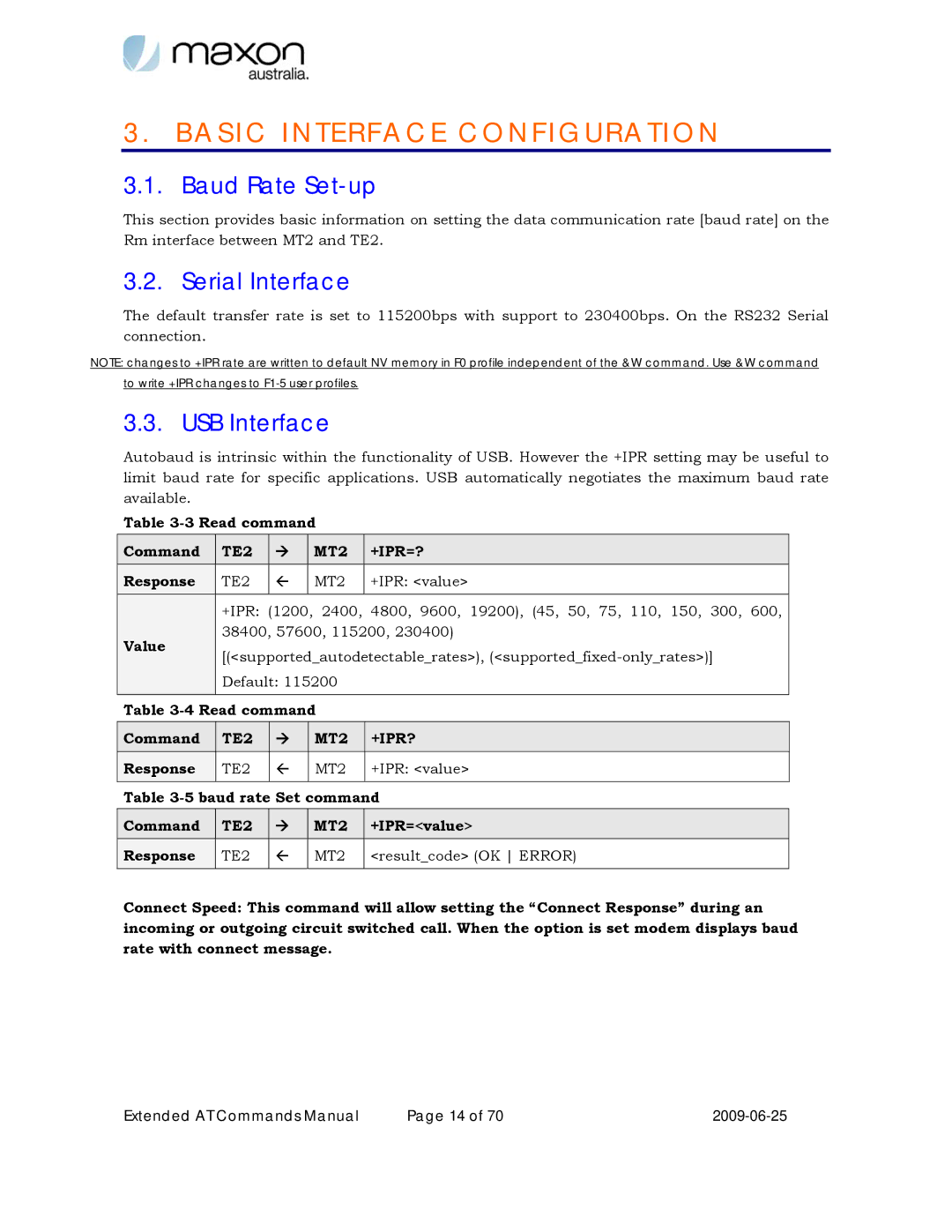 Maxon Telecom MM-6280IND manual Basic Interface Configuration, Baud Rate Set-up, USB Interface, TE2 MT2 +IPR? 